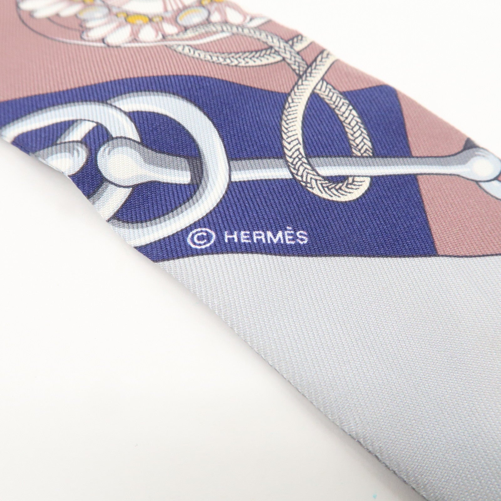 HERMES Silk 100％ Twilly Scarf Qliquetis Navy White Blue Gray