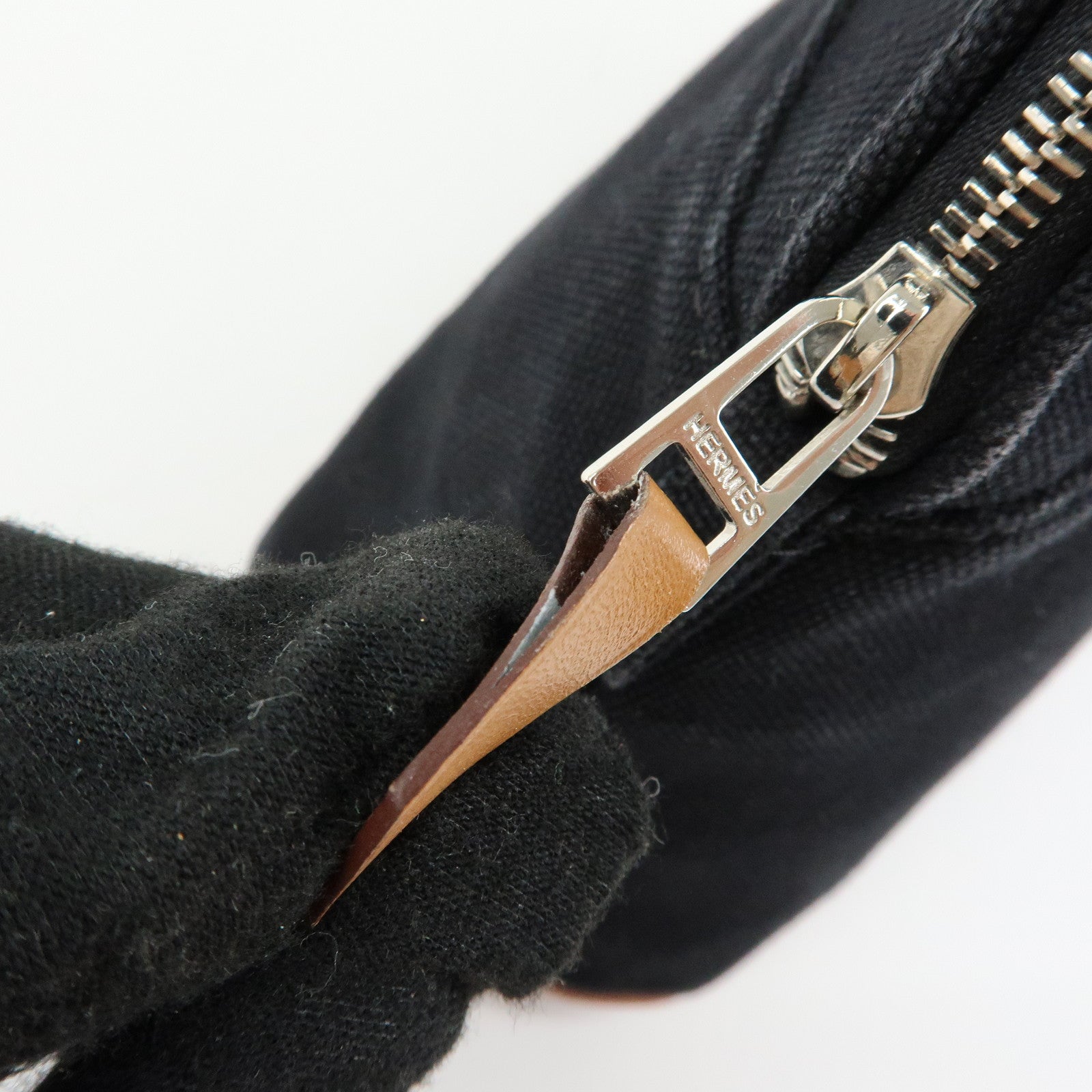 HERMES Bolide MM Cotton Leather Cosmetic Pouch Black Beige