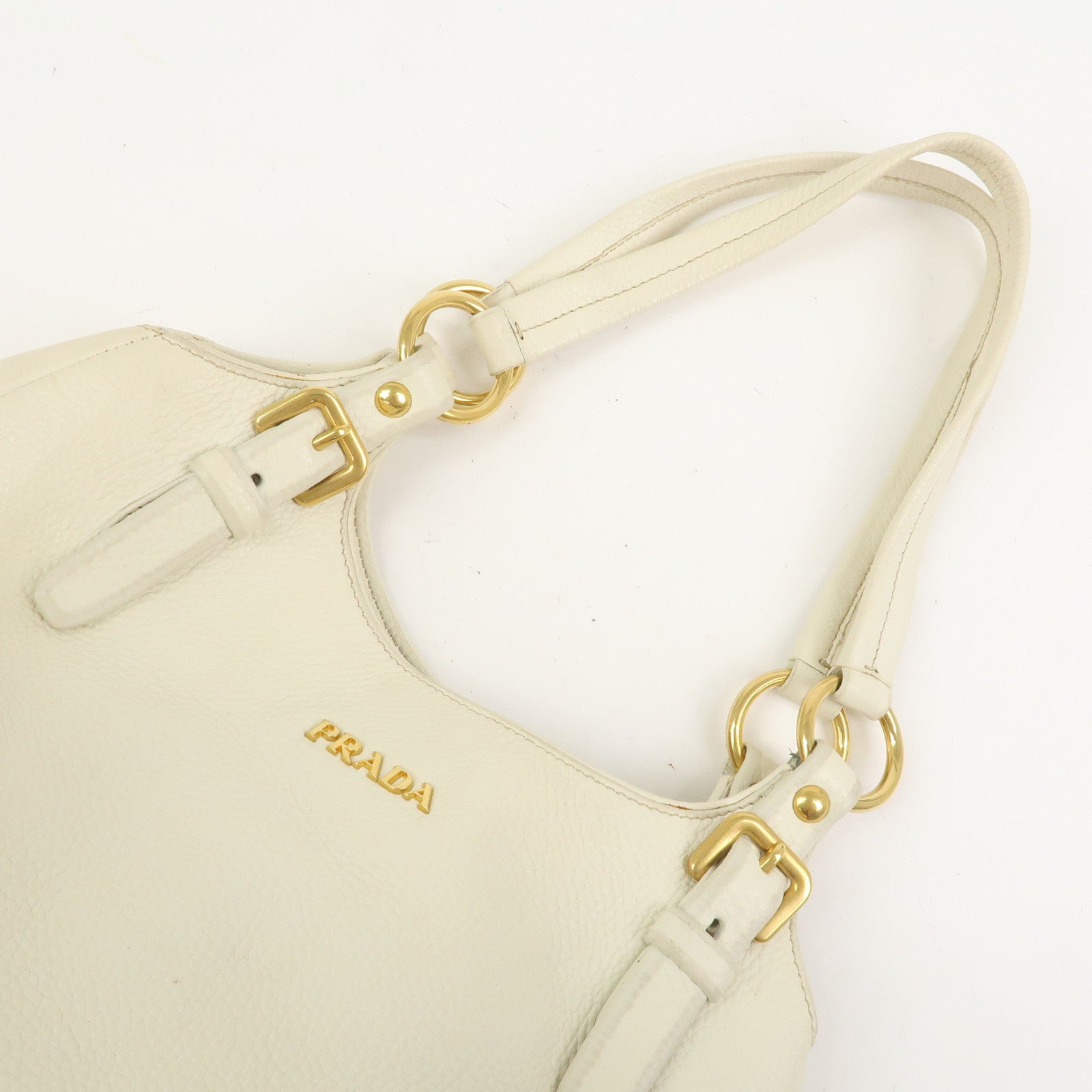 PRADA Logo Leather Shoulder Bag Hand Bag Ivory Gold BR4085