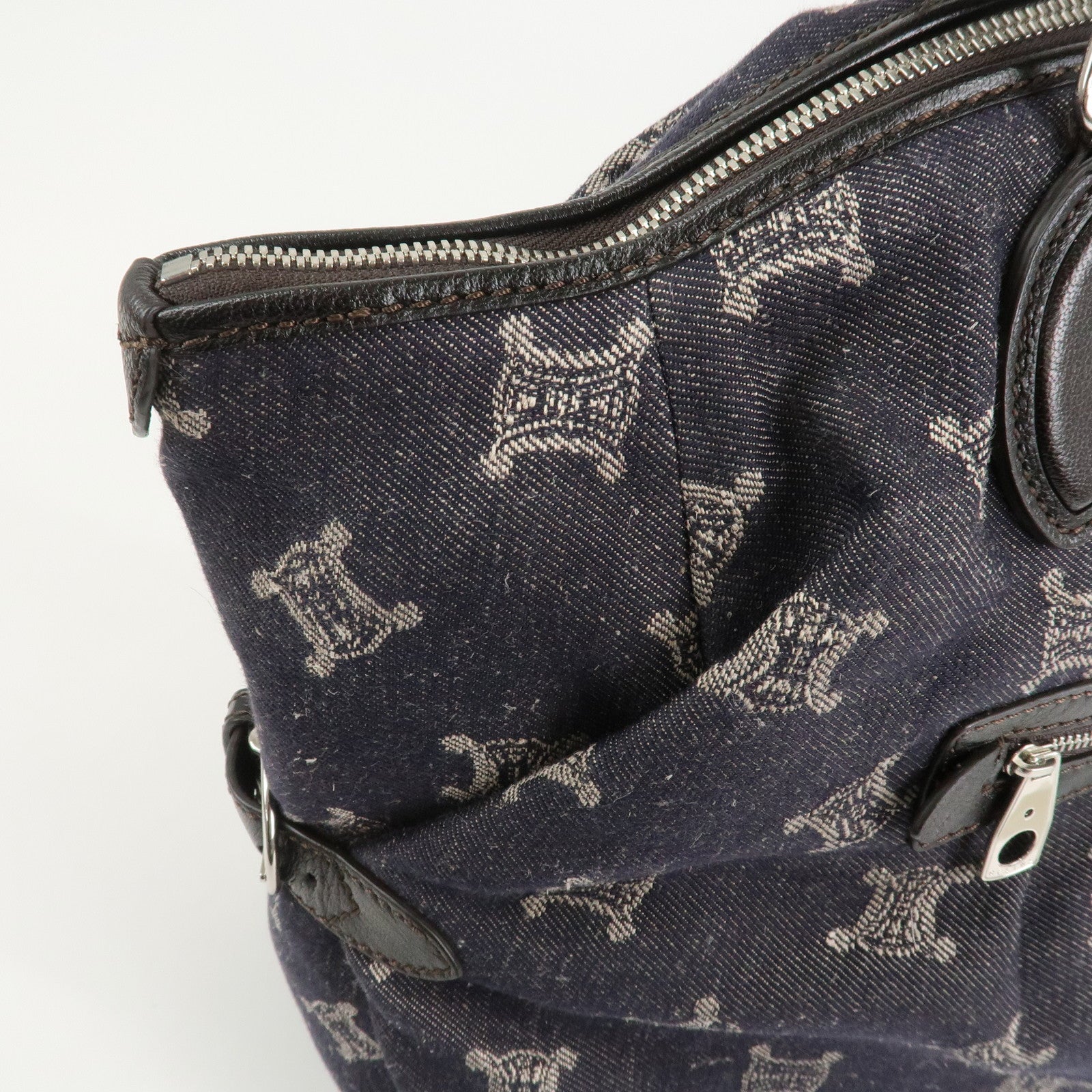 CELINE Macadam Denim Leather Tote Bag Hand Bag Navy Dark Brown