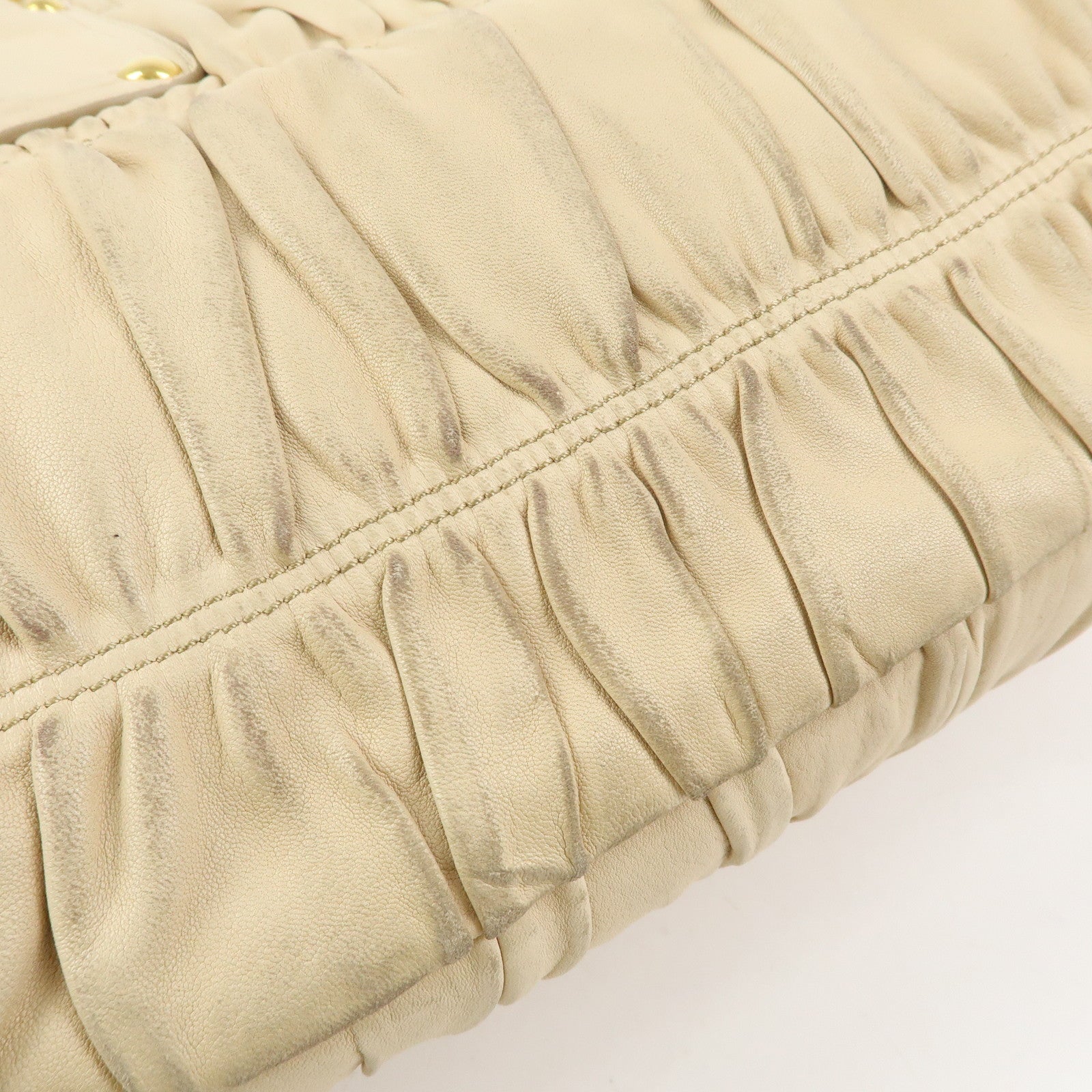 PRADA Logo Gathered Leather 2Way Hand Bag Shoulder Bag Beige BN1924