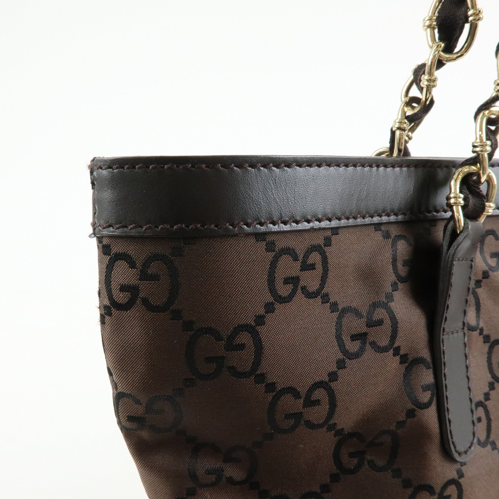 GUCCI GG Nylon Leather Chain Tote Bag Shoulder Bag Brown 196750