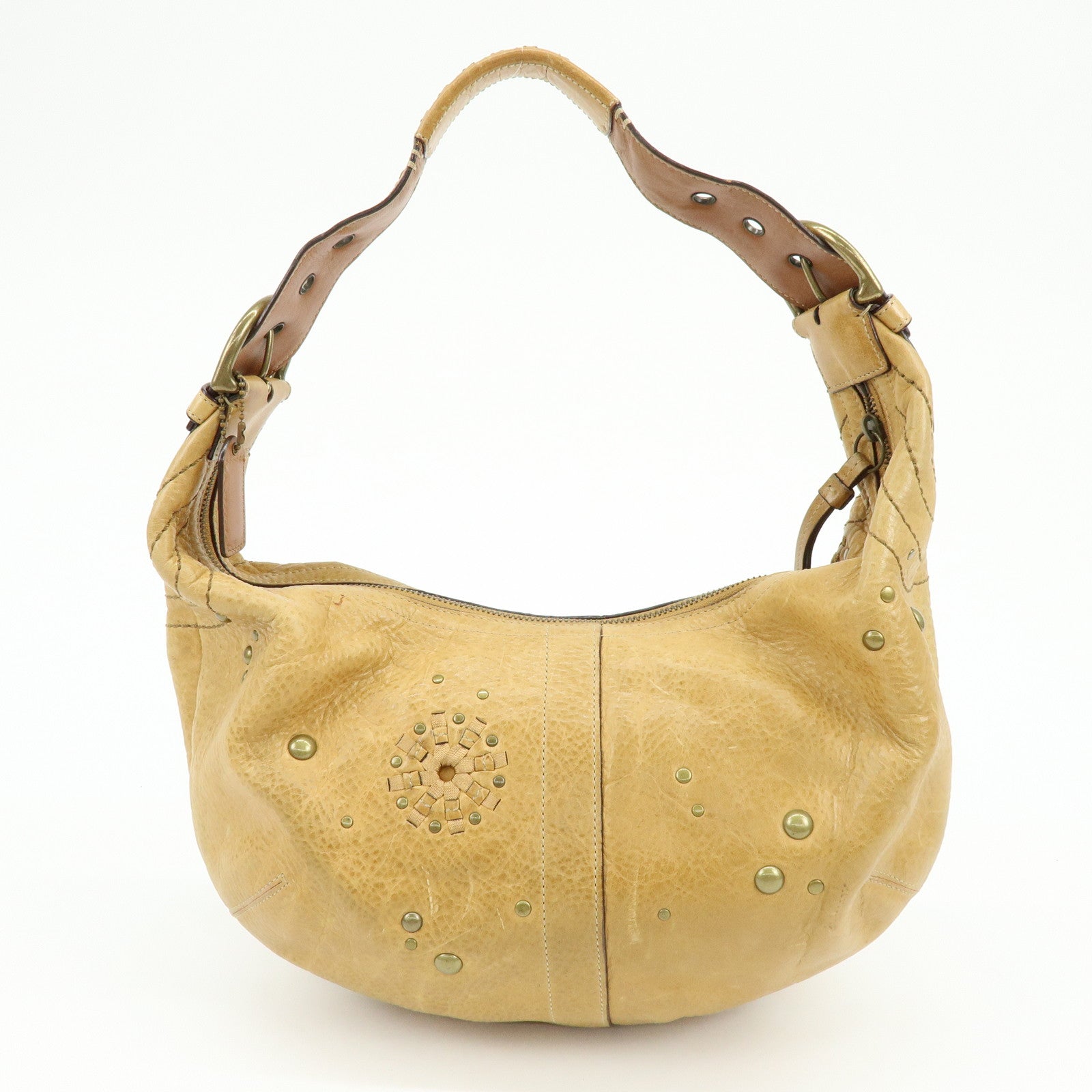 COACH Leather Shoulder Bag Hand Bag Studs Camel