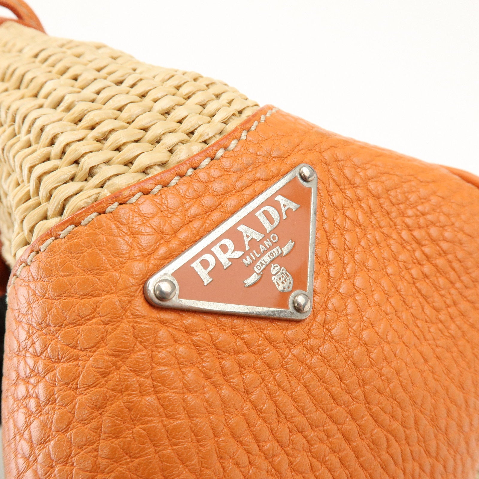 PRADA Triangle Logo Raffia Leather Shoulder Bag Natural Orange