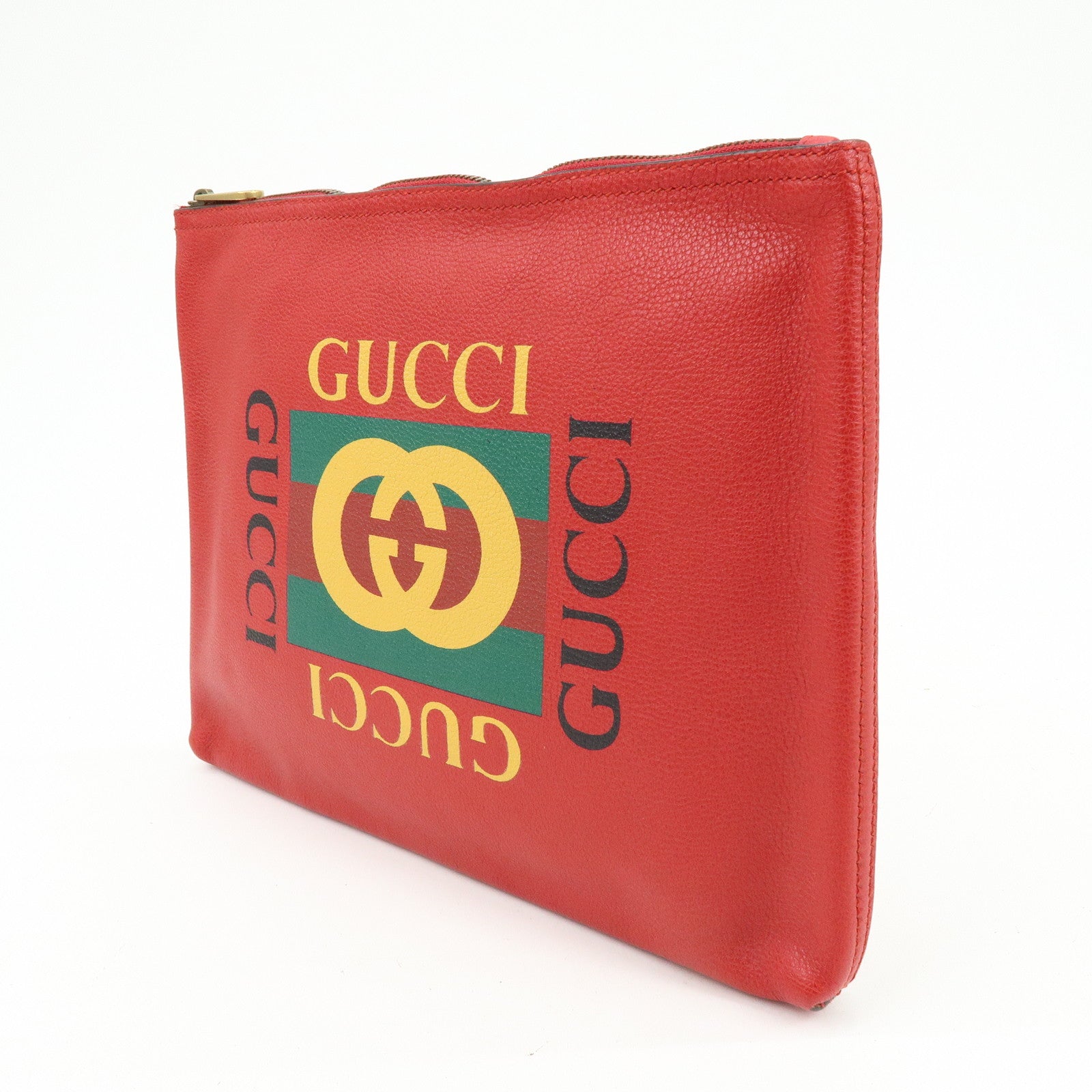 GUCCI Vintage Logo Medium Portfolio Leather Clutch Bag Red 500981