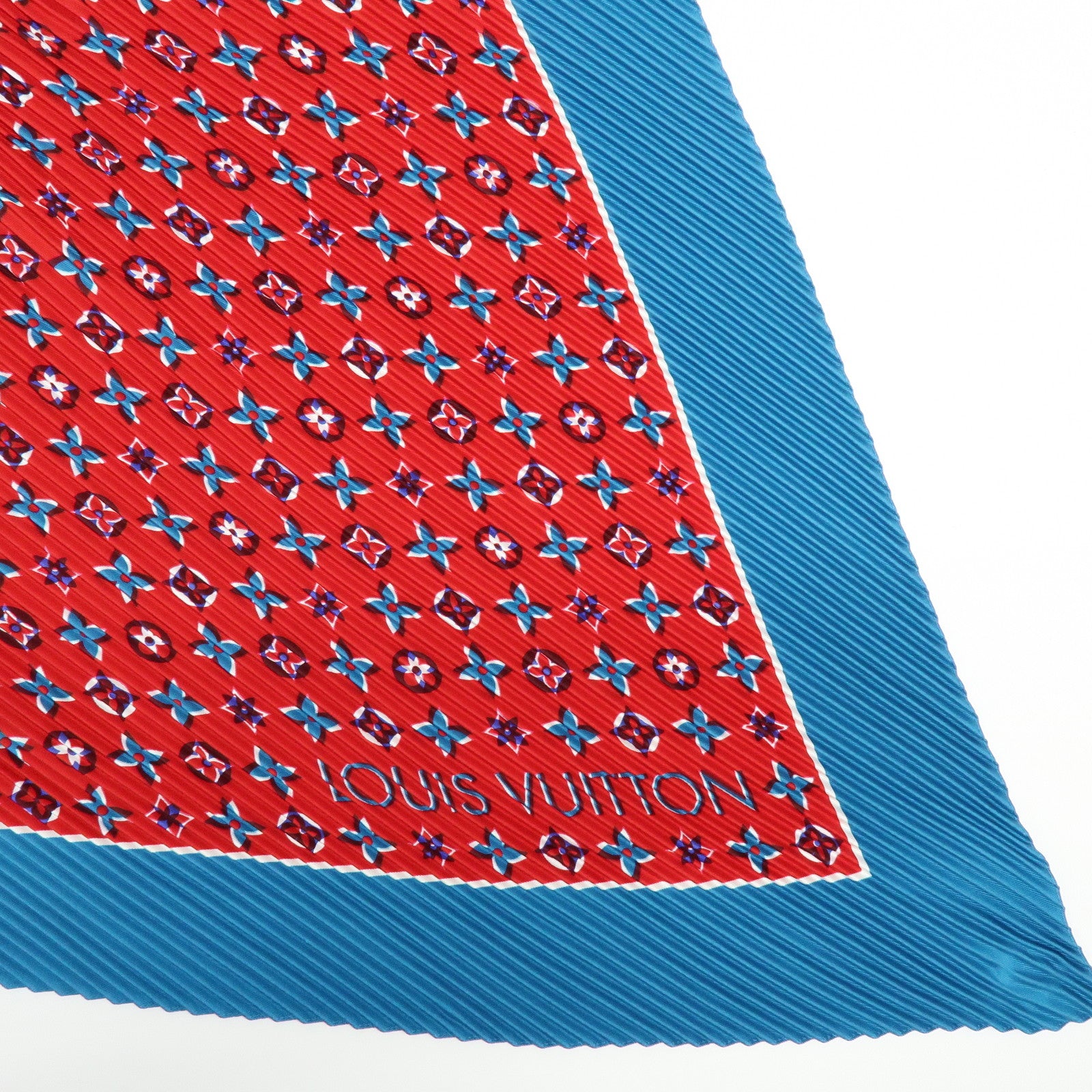 Louis Vuitton Monogram Silk 100% Pleated Scarf Red Blue M73846