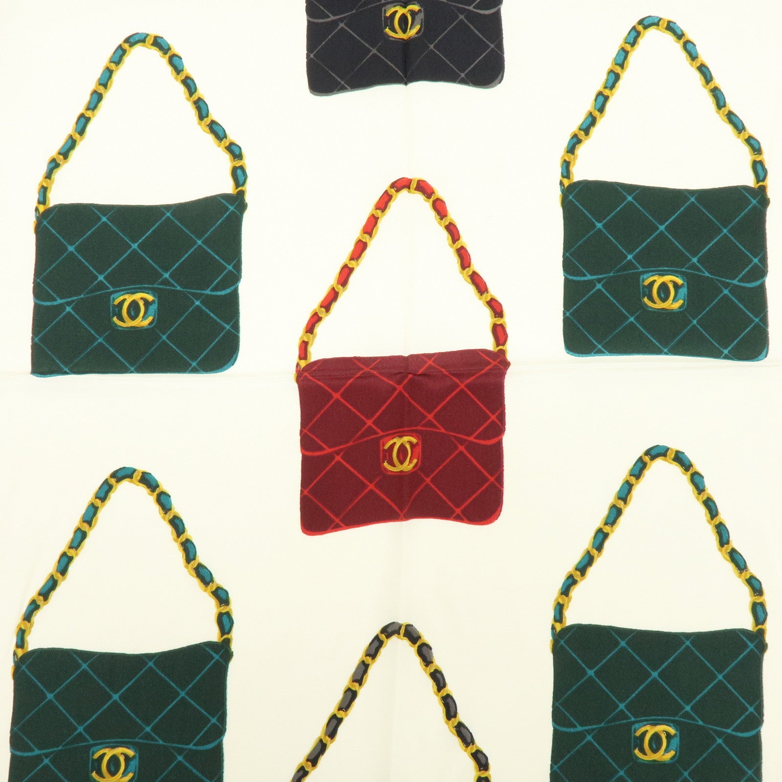 CHANEL Matelasse Silk 100% Scarf Black Green Gold