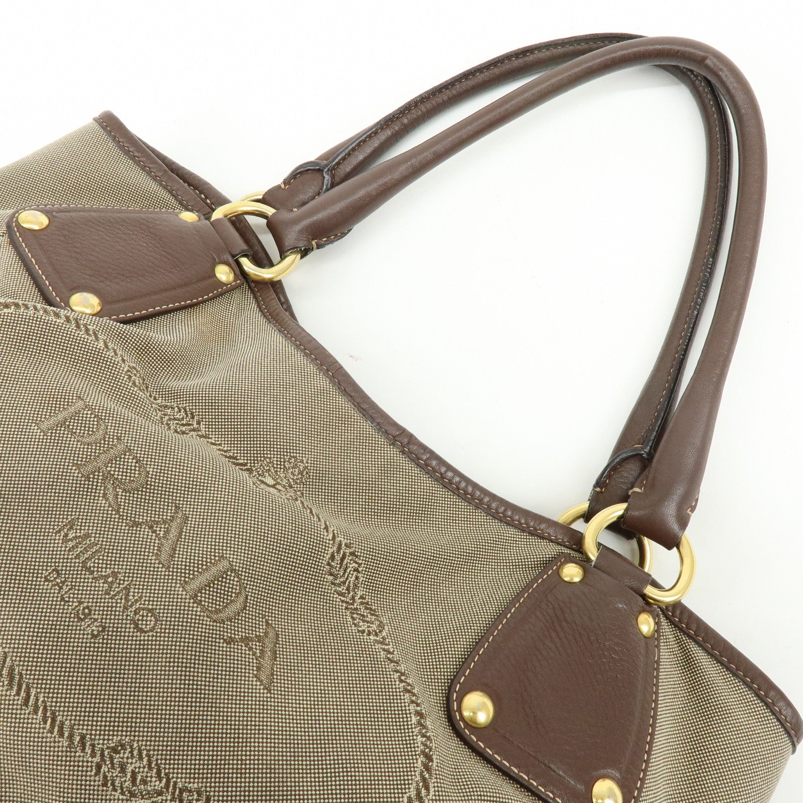 PRADA Logo Jacquard Leather Tote Bag Hand Bag Beige Brown