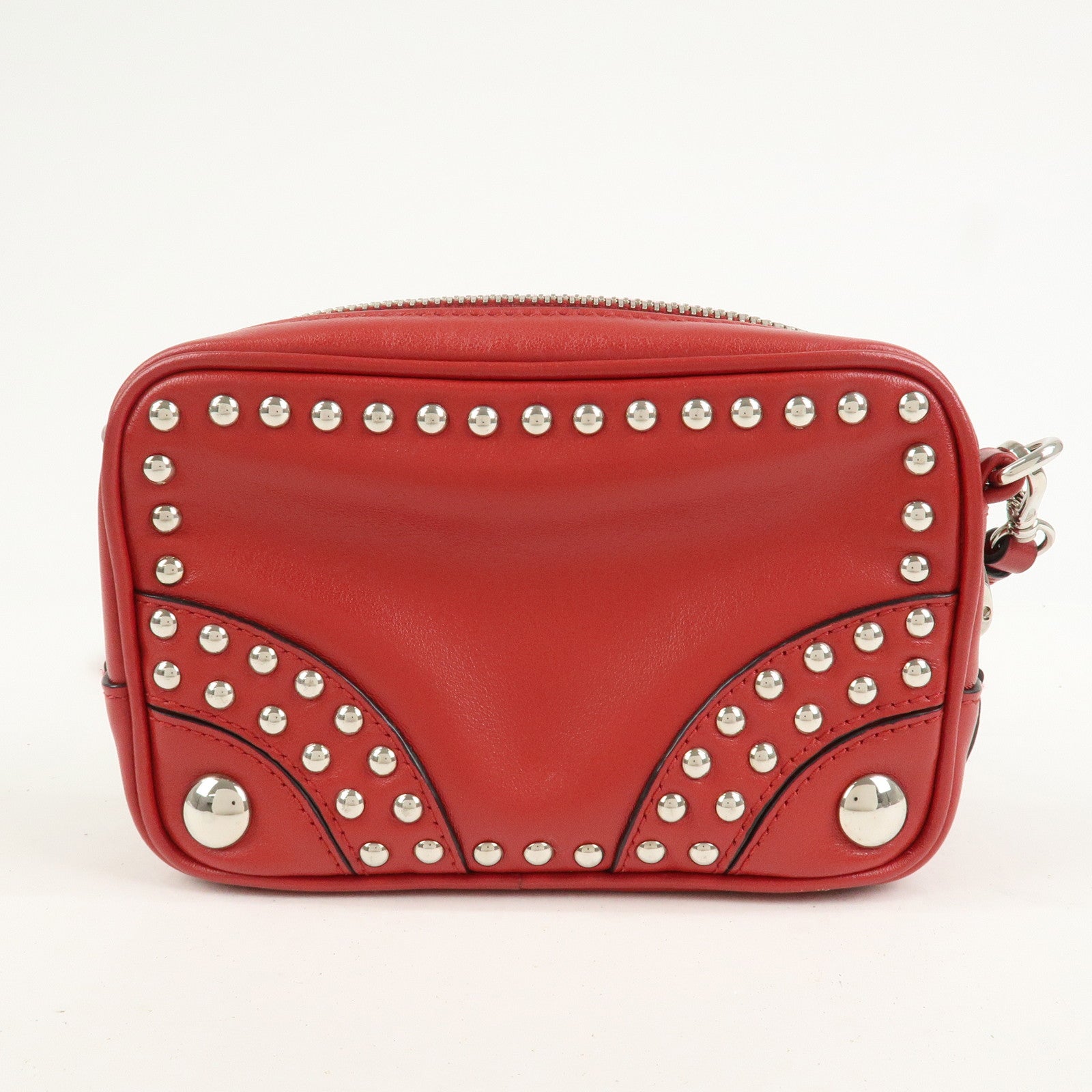 PRADA Logo Leather Mini Shoulder Bag Camera Bag Studs Red 1N1674