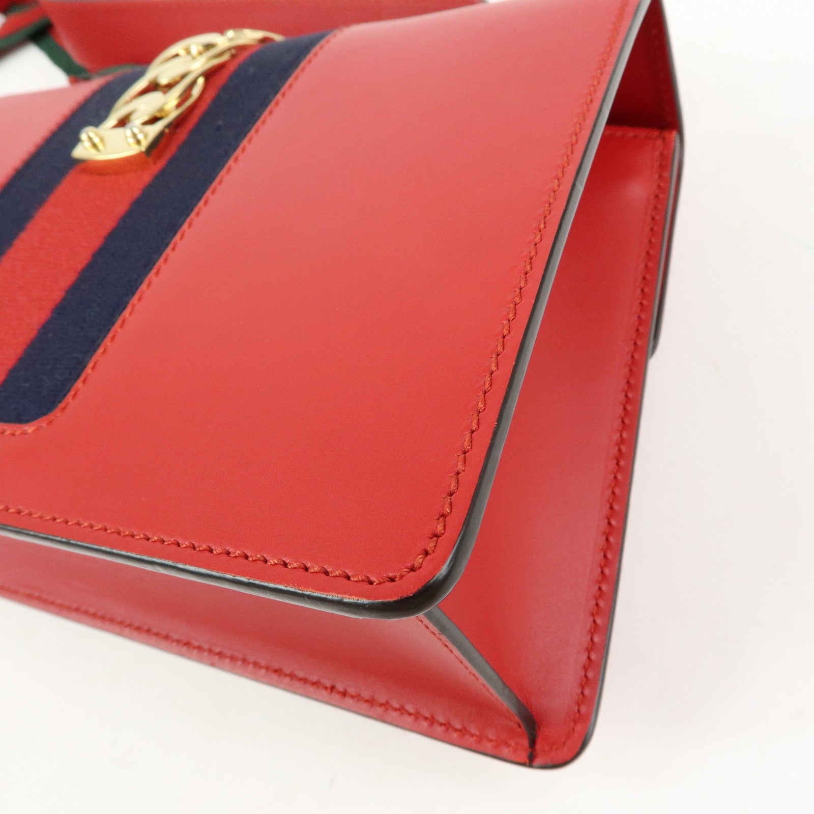 GUCCI Sylvie Sherry Leather Shoulder Bag Ribbon Red Navy 421882
