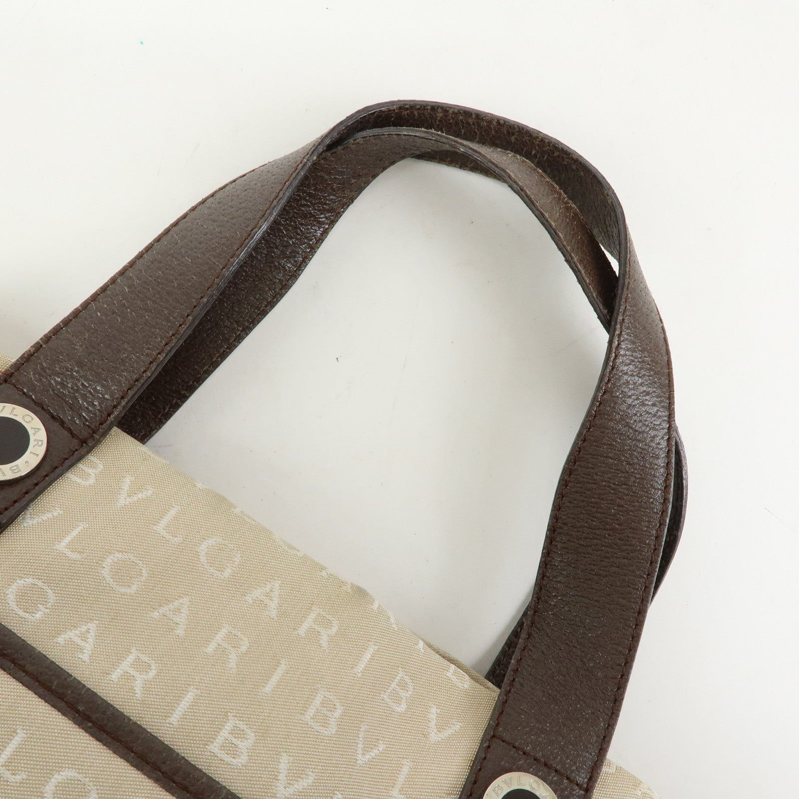 BVLGARI Logo Mania Canvas Leather Tote Bag Hand Bag Beige Brown