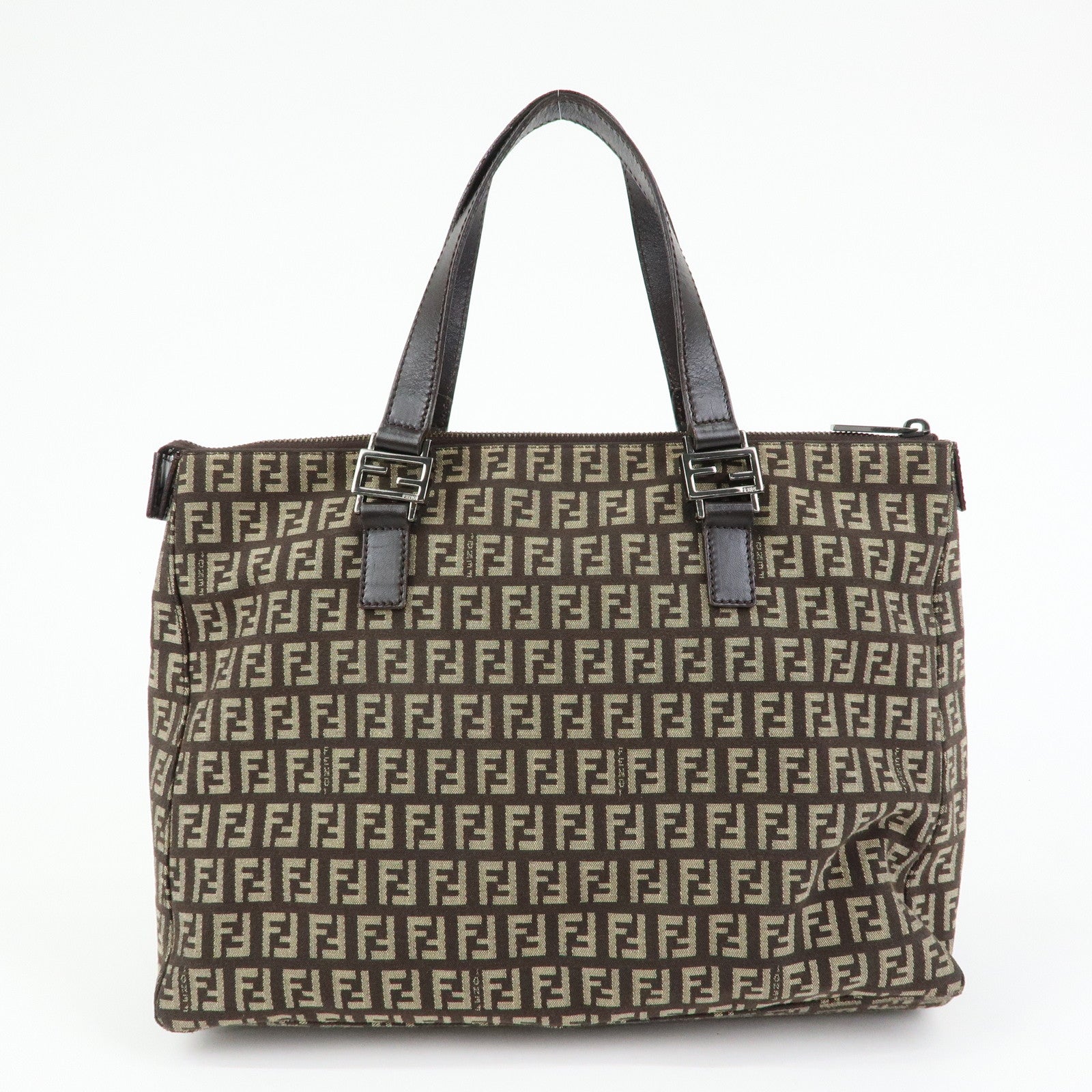 FENDI Zucchino Canvas Leather Tote Bag Hand Bag Brown 8BH138