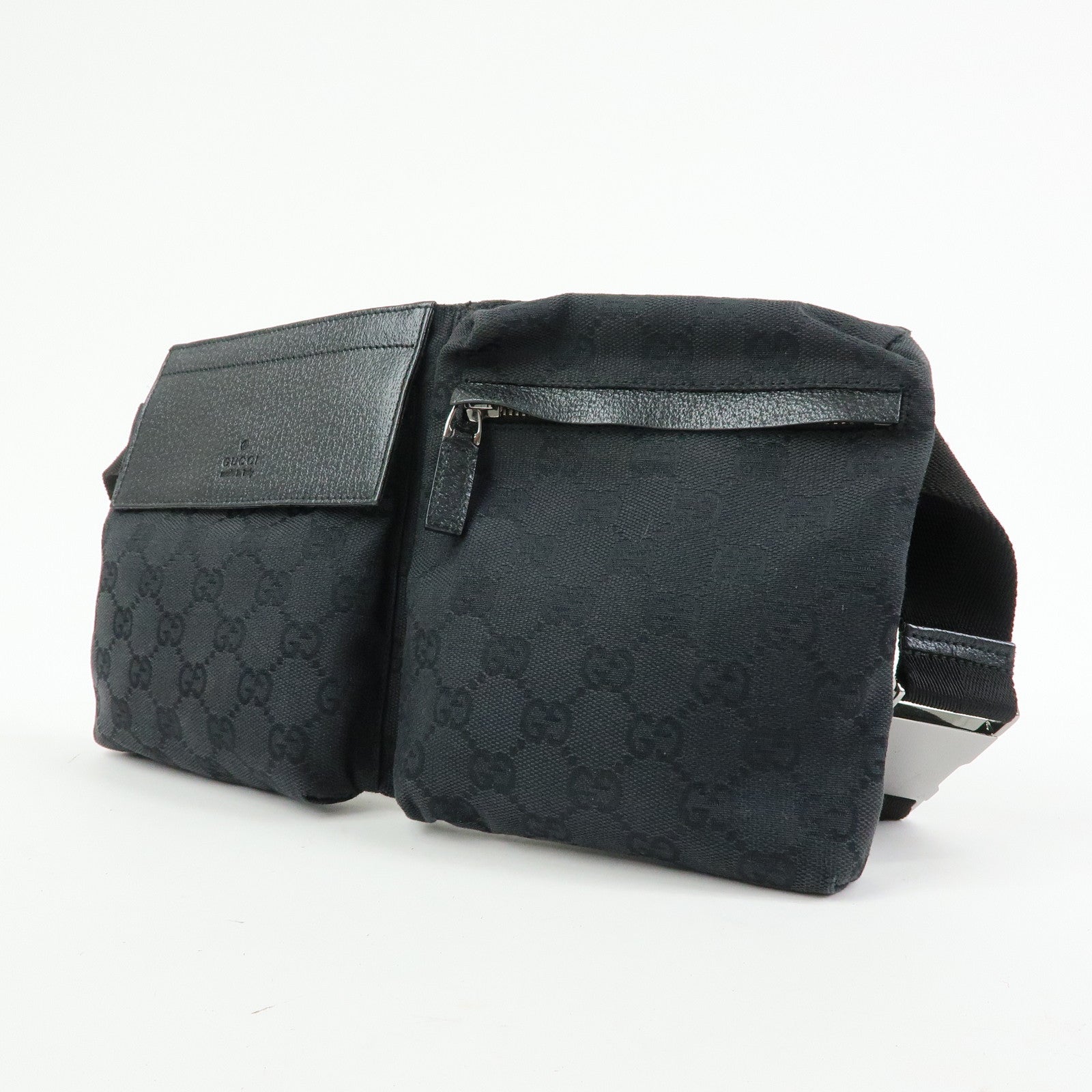 GUCCI GG Canvas Leather Waist Bag Crossbody Bag Black 28566