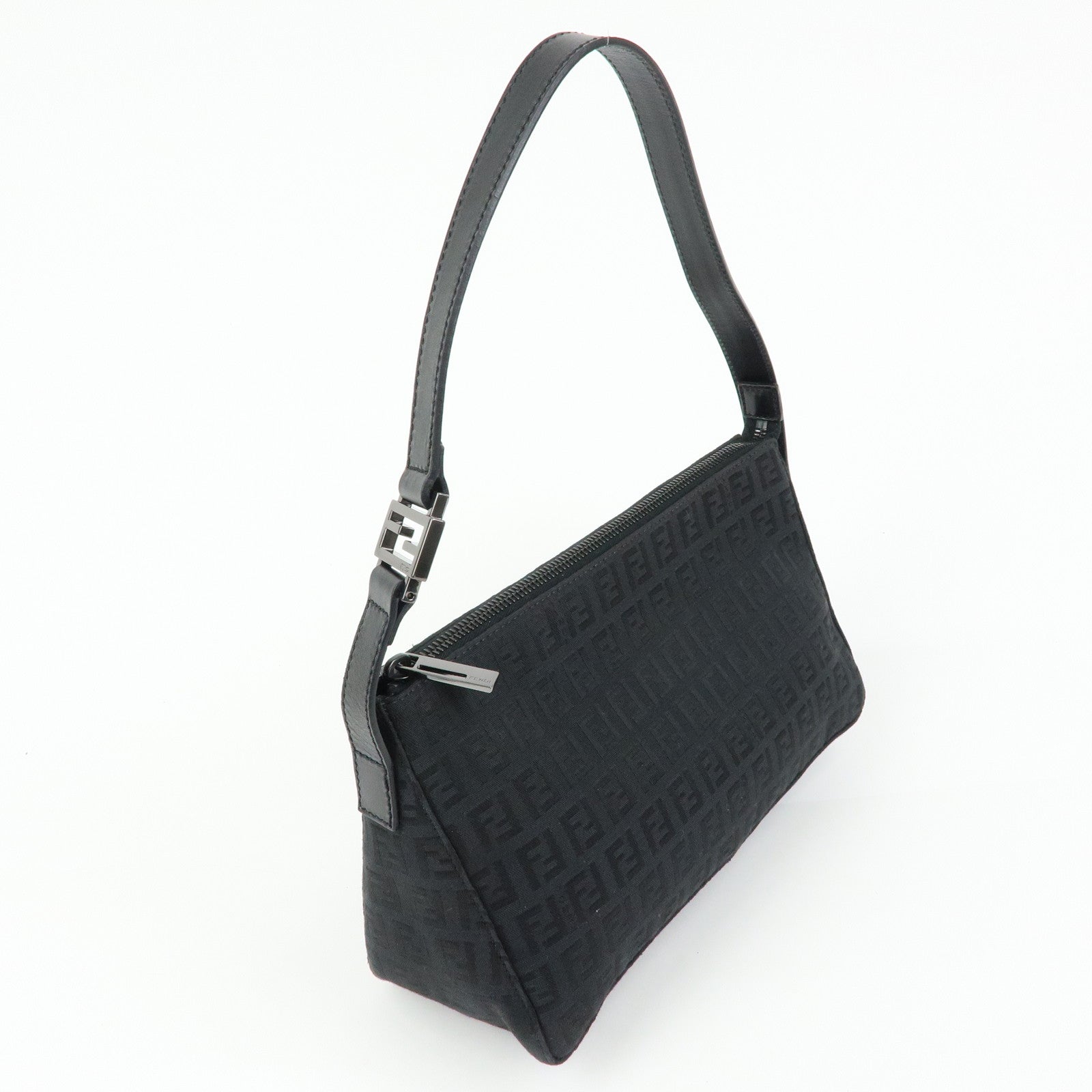 FENDI Zucchino Canvas Leather Shoulder Bag Hand Bag Black 8BR444