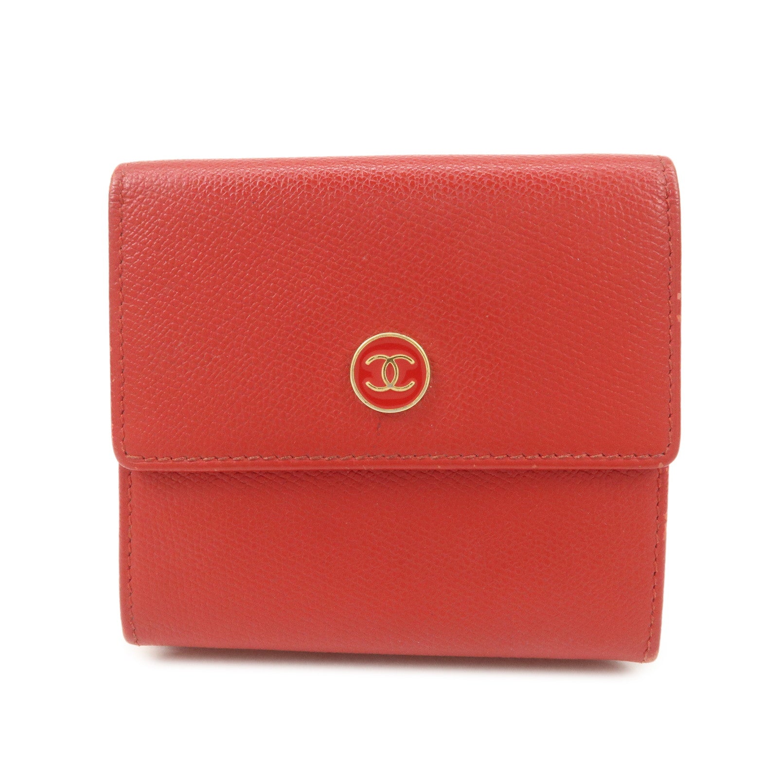 CHANEL COCO Button Leather Double Hook Compact Wallet Red A20902