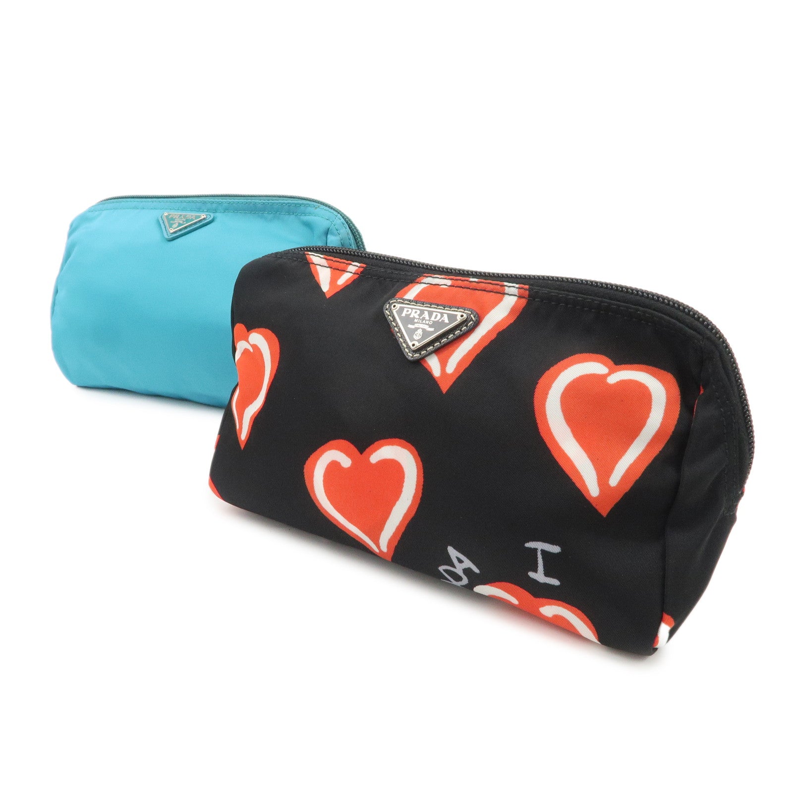 PRADA Triangle Logo Set of 2 Nylon Leather Pouch Black Blue Used
