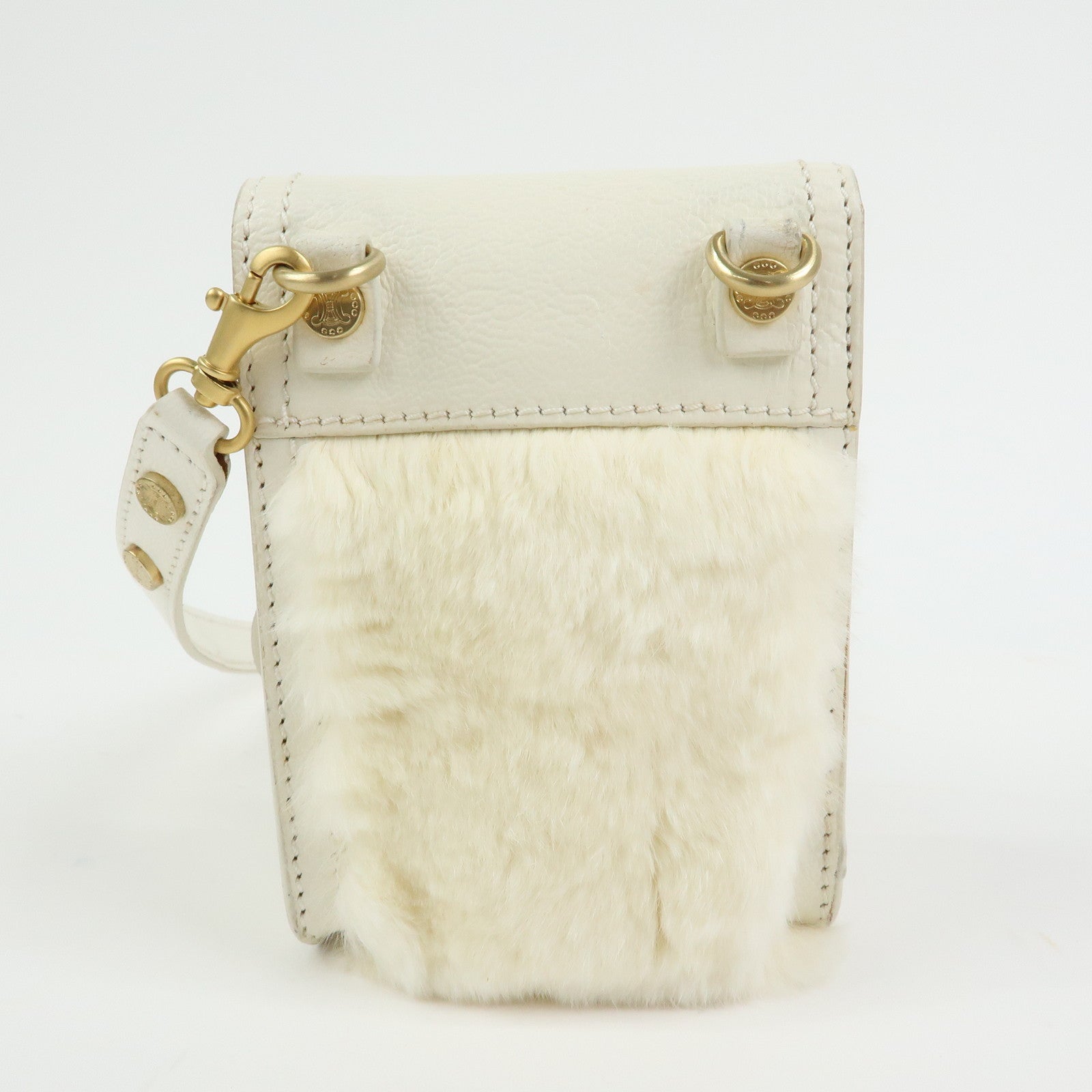 CELINE Triomphe Leather Lapin Fur Shoulder Bag Crossbody Bag Ivory