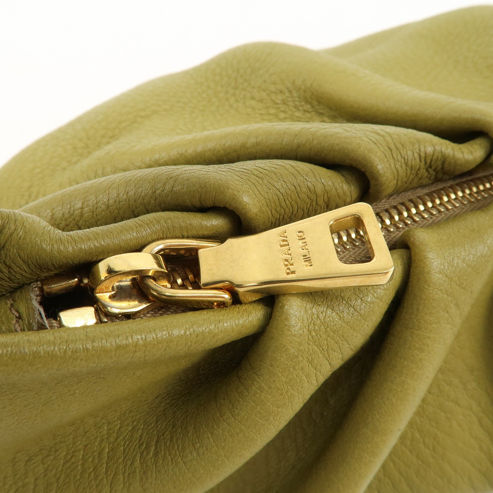 PRADA Logo Leather Shoulder Bag Hand Bag Khaki Gold HDW BR4070