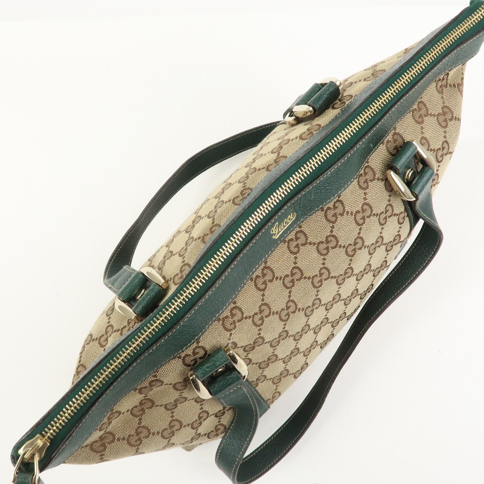 GUCCI Abbey GG Canvas Leather Tote Bag Beige Dark Green 141470