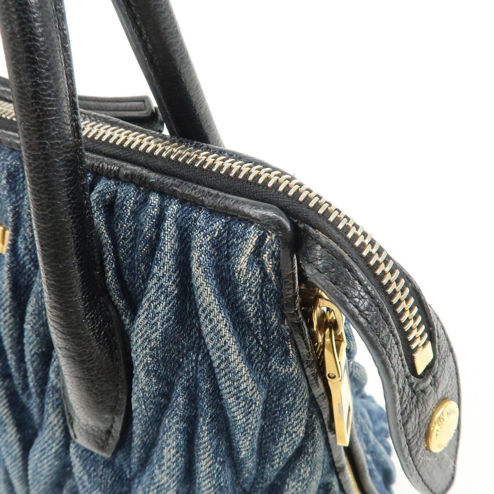 MIUMIU Matelasse Leather Denim 2Way Bag Black Indigo Blue 5BA003 Used