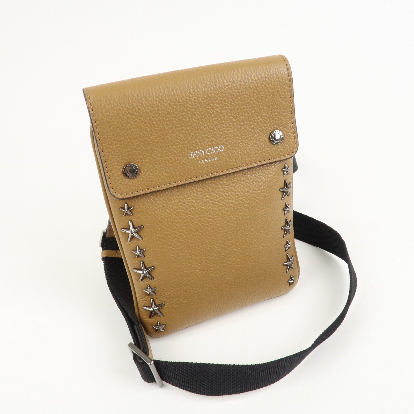 JIMMY CHOO Leather KIMI MESSANGER Studs Shoulder Bag Brown