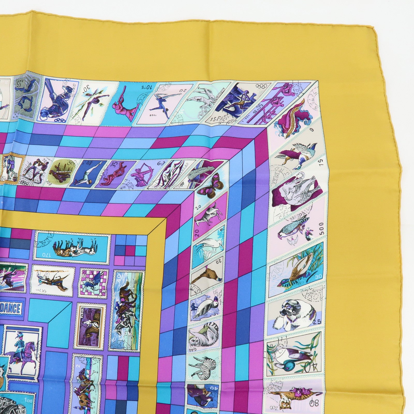 HERMES Carre 90 Silk 100% Scarf CORRESPONDANCE Mustard Purple
