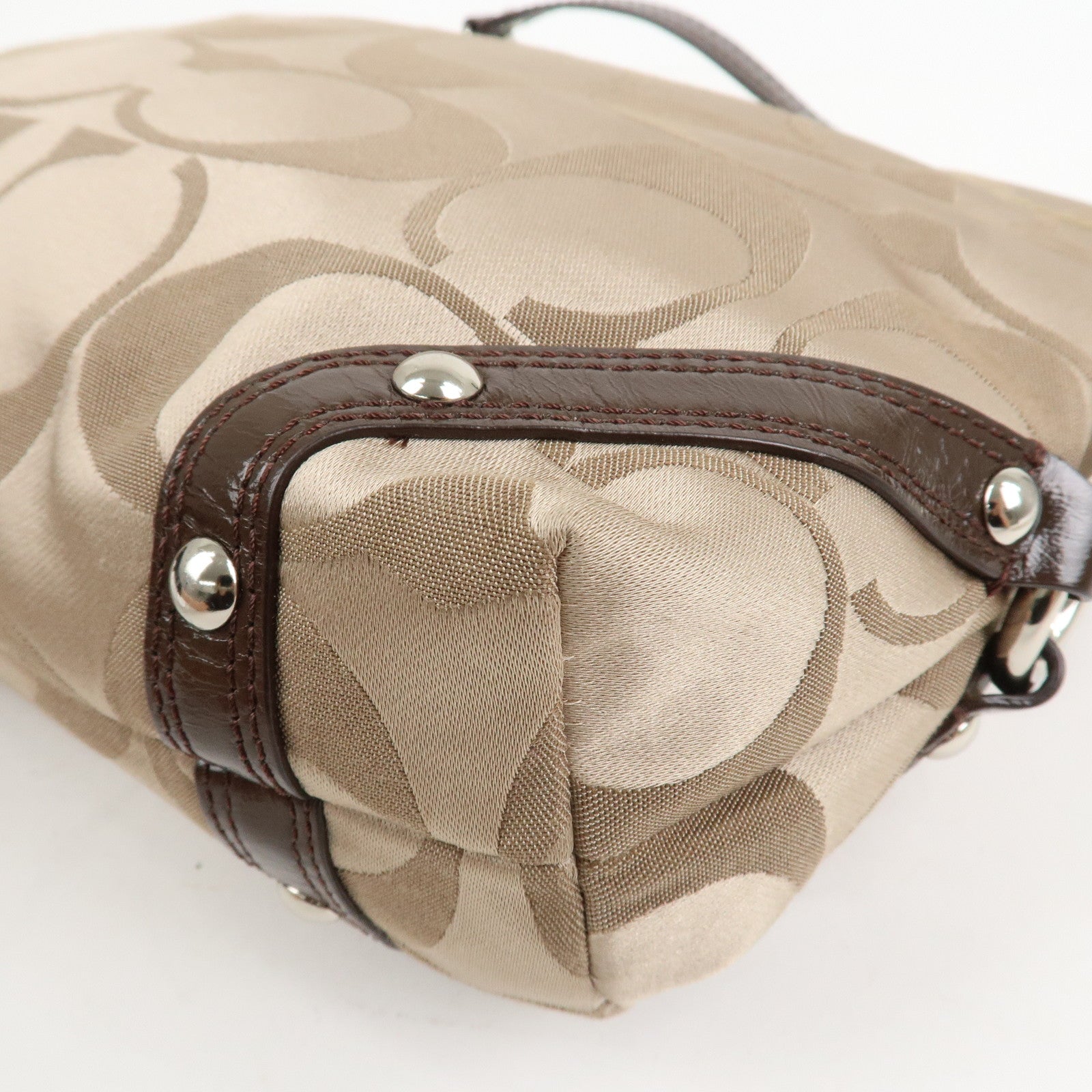 COACH Leather Satin Shoulder Bag Beige Brown F15250