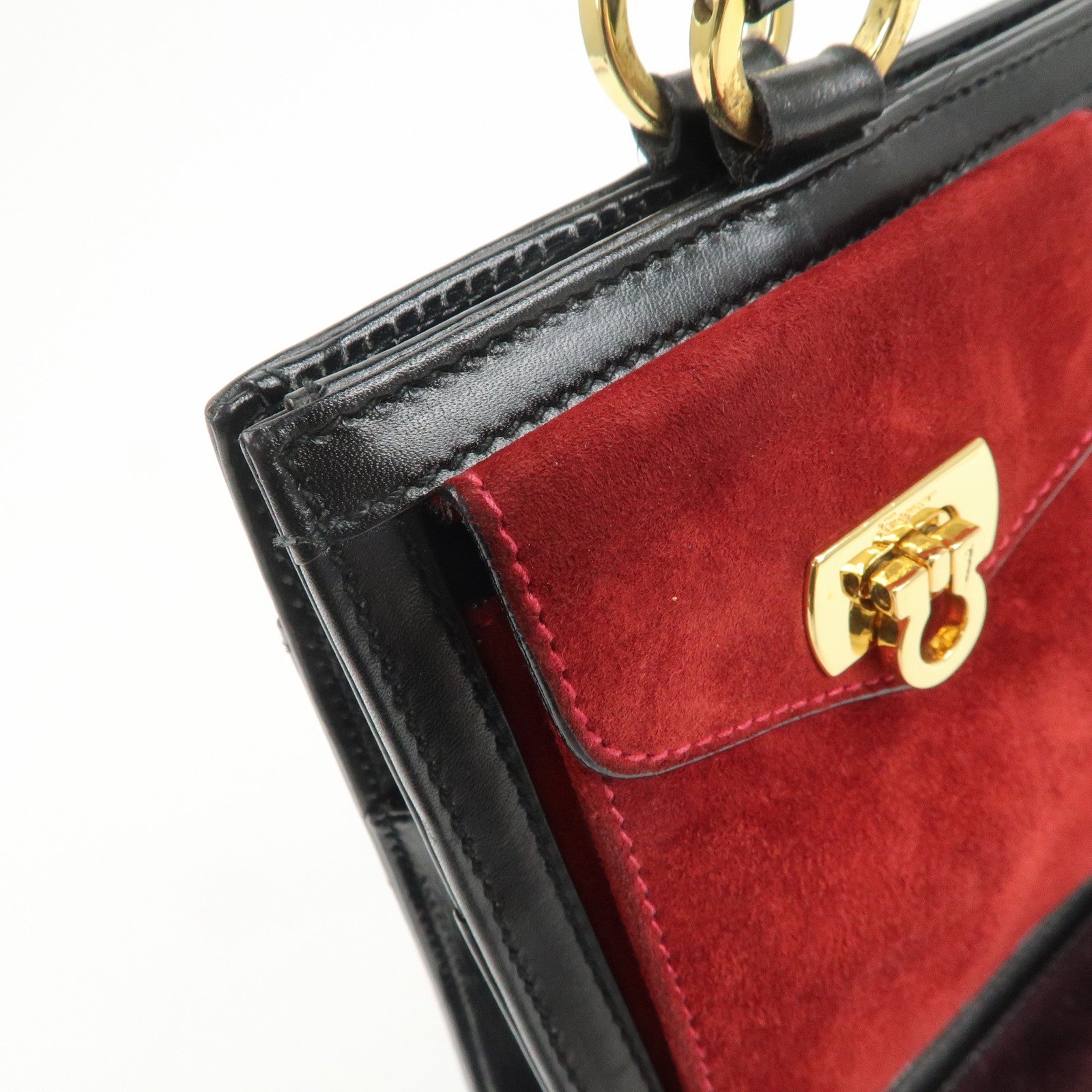 Ferragamo Gancini Suede Leather Hand Bag Tote Bag Black Khaki Red