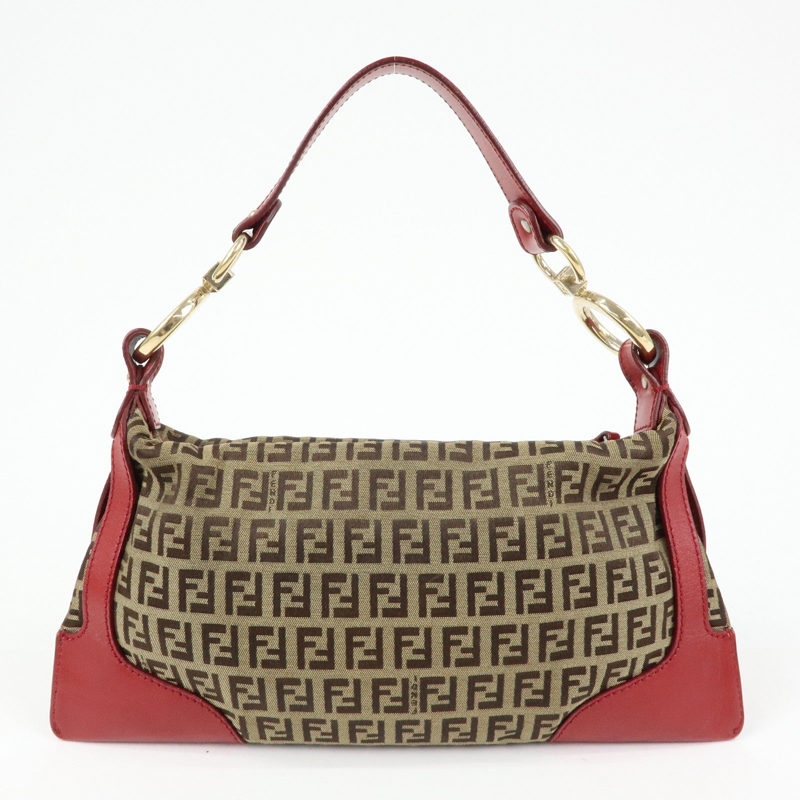 FENDI Zucca Canvas Leather Hand Bag Shoulder Bag Beige Red 8BR464