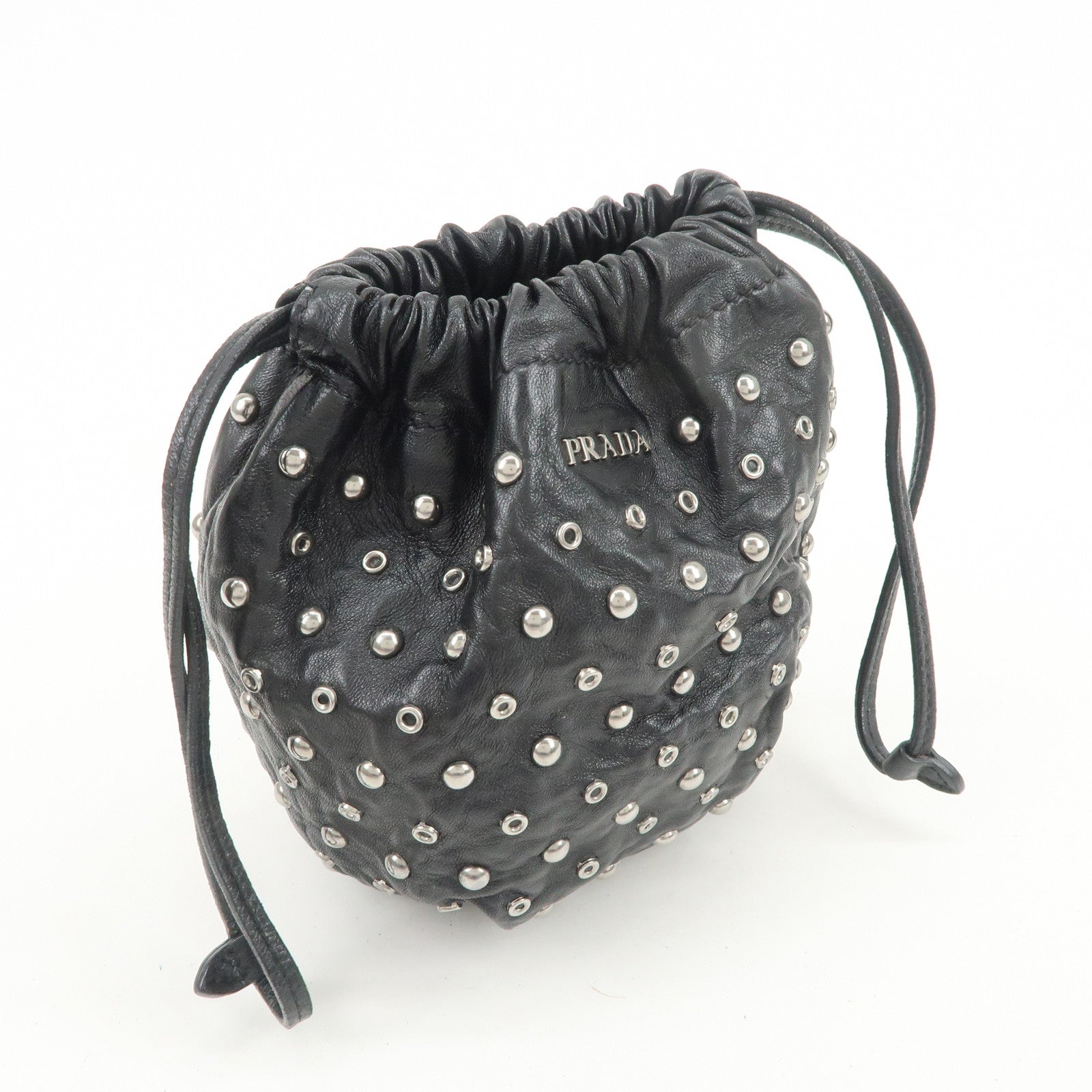 PRADA Studs Leather Drawstring Bag Cosmetic Pouch Black