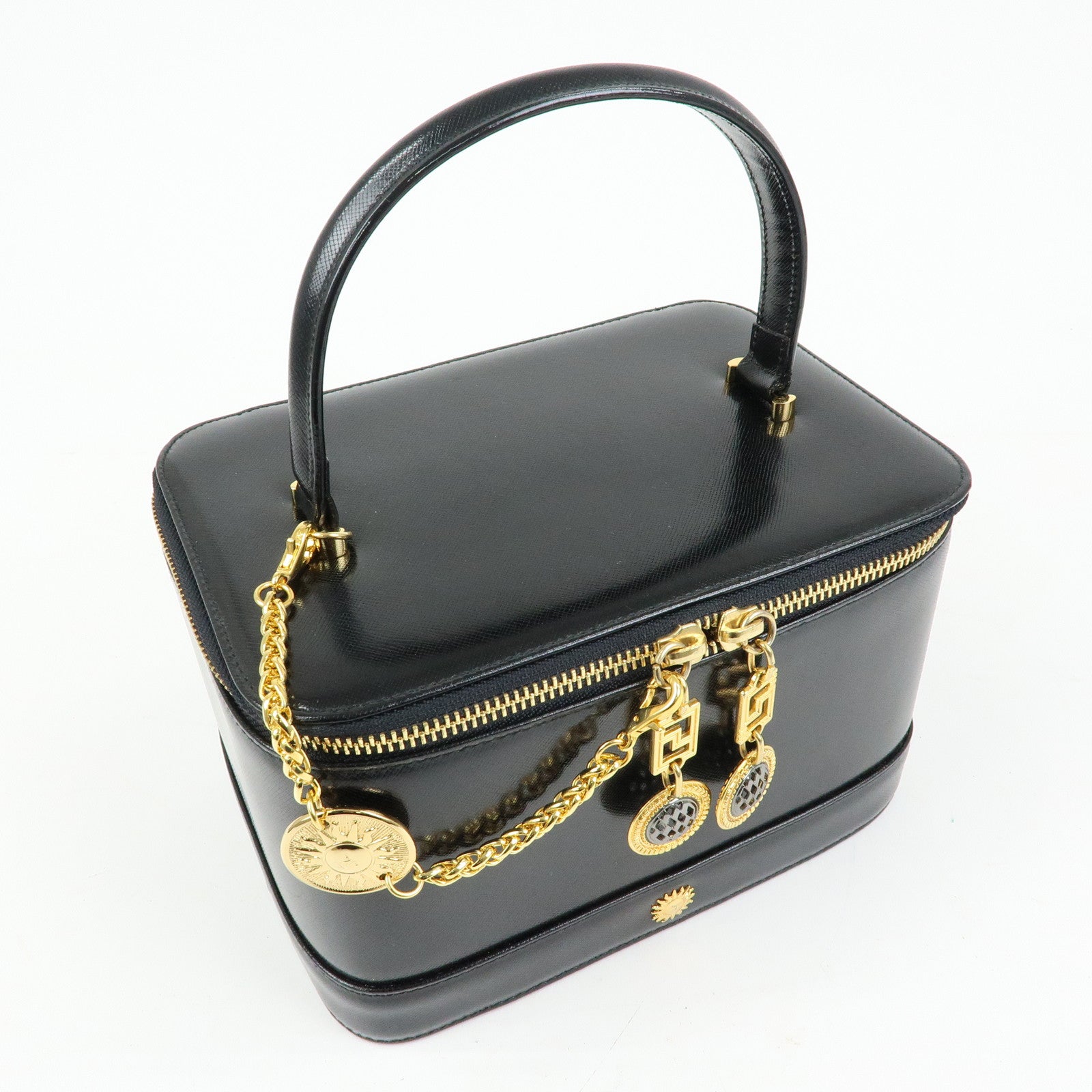 GIANNI VERSACE Leather Hand Bag Vanity Case Gold Charm Black