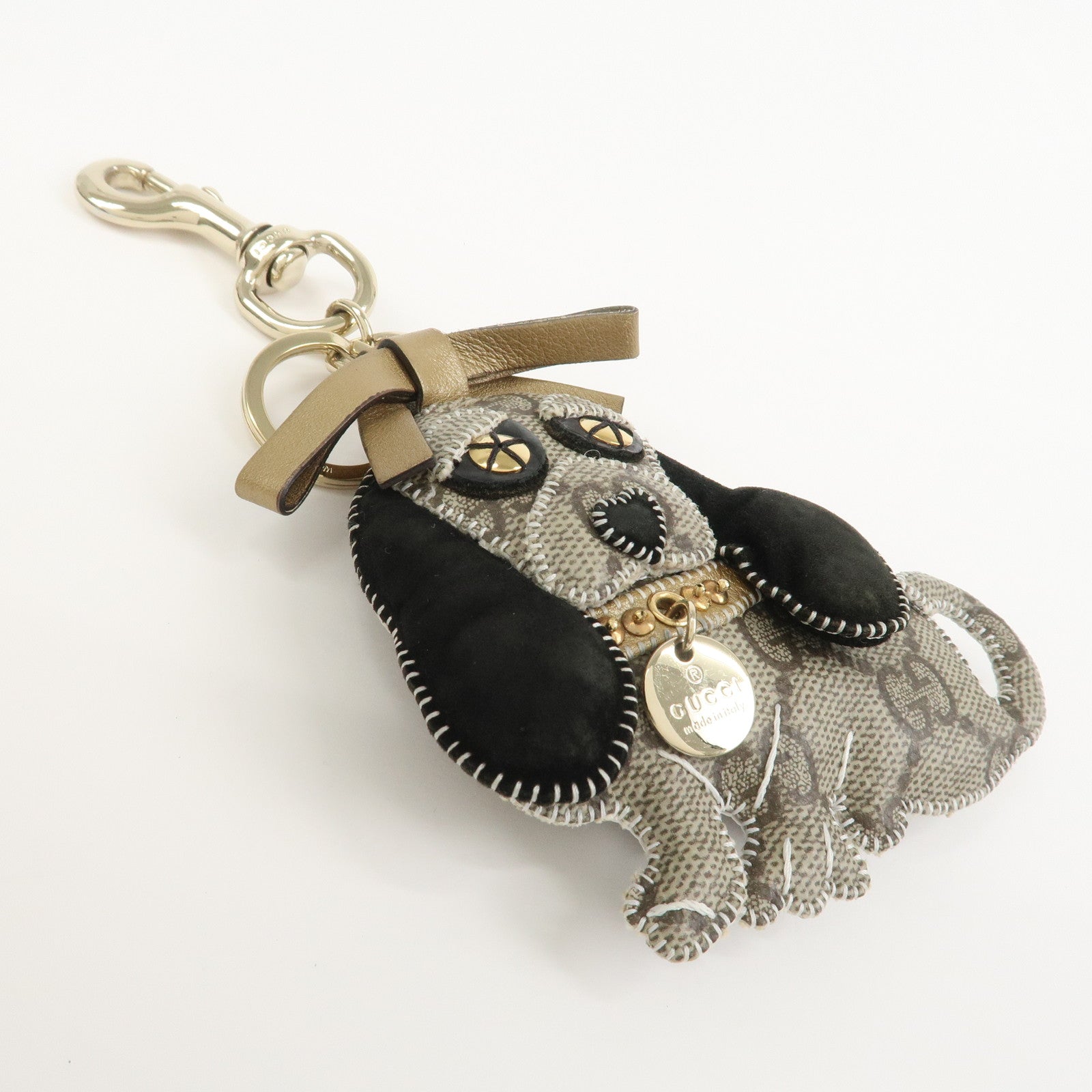 GUCCI GG Plus Suede Leather Bag Charm Key Chain Beige Black 206078