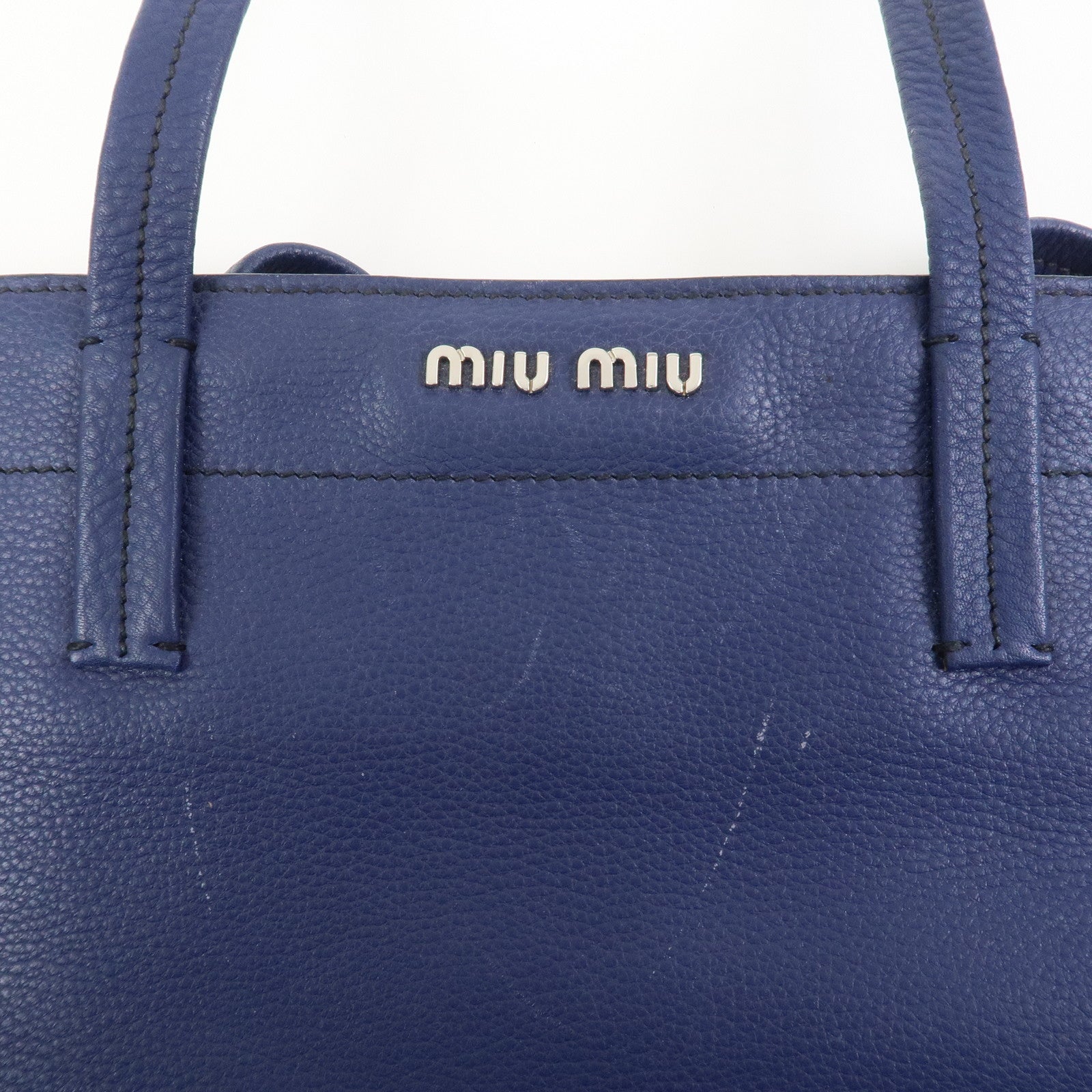 MIU MIU Logo Madras Leather Tote Bag Shoulder Bag Hand Bag Blue