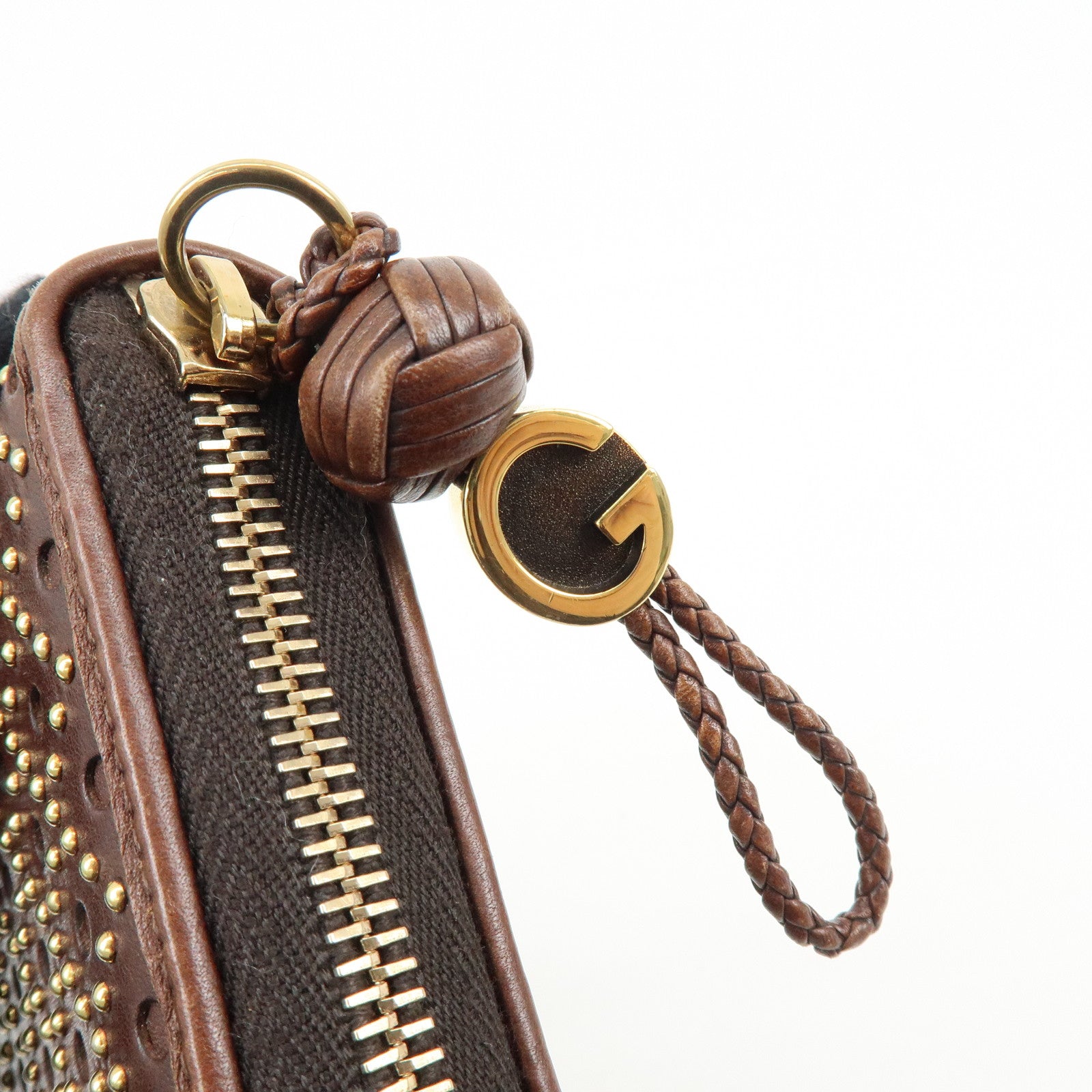 GUCCI Leather Round Zippy Long Wallet Studs Brown Gold 264733