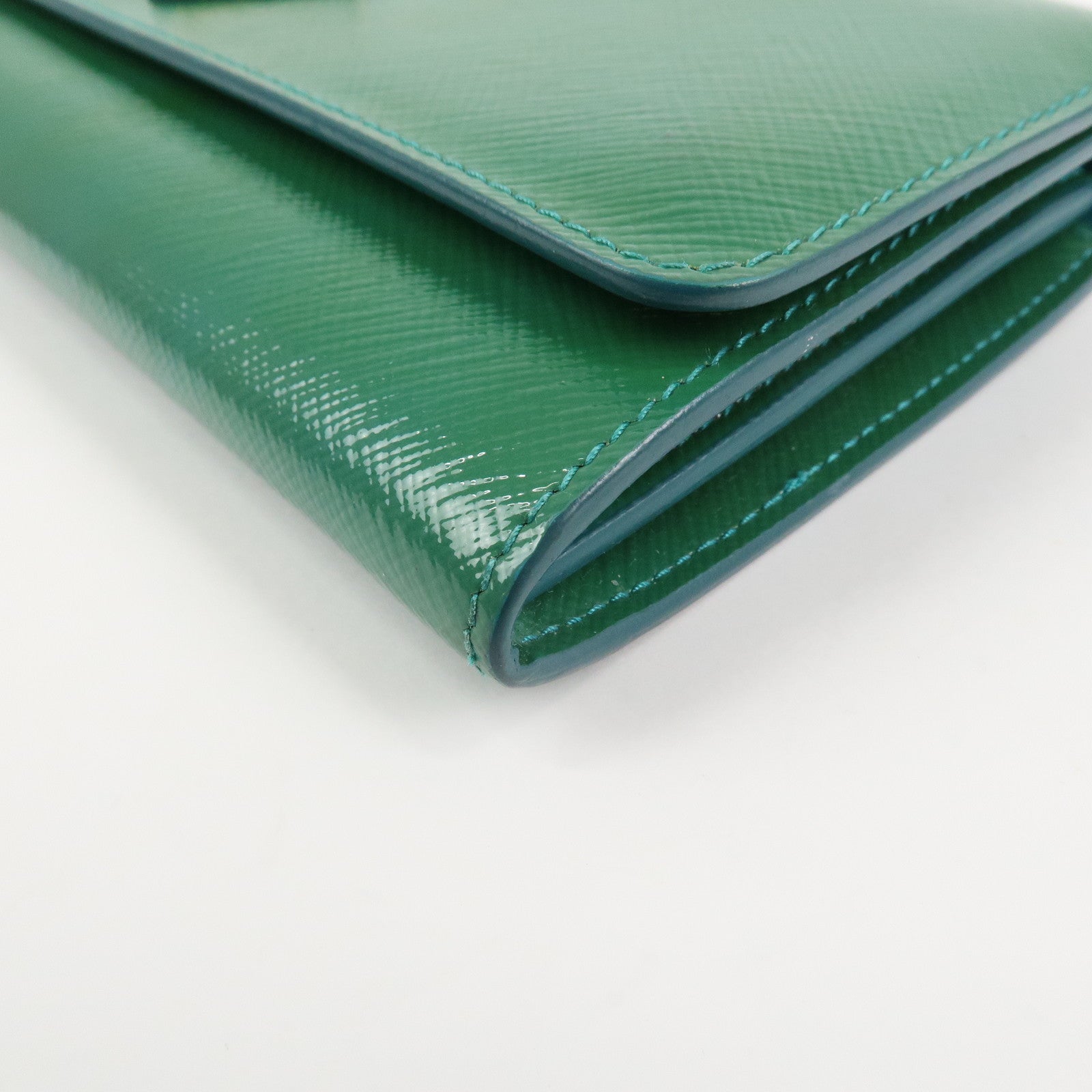 PRADA Triangle Logo Patent Leather Bi-Fold Long Wallet Green