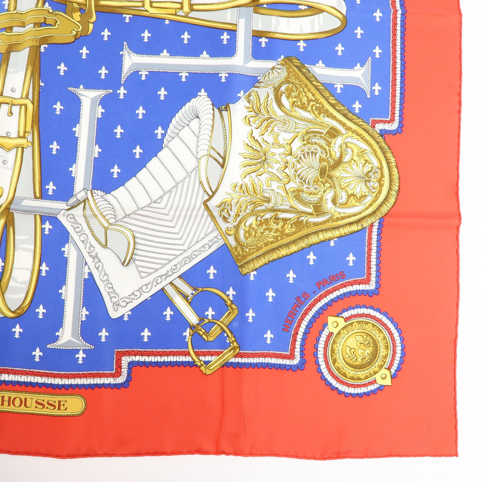 HERMES Carre 90 Silk 100% Scarf SELLES A HOUSSE Blue White Gold Red