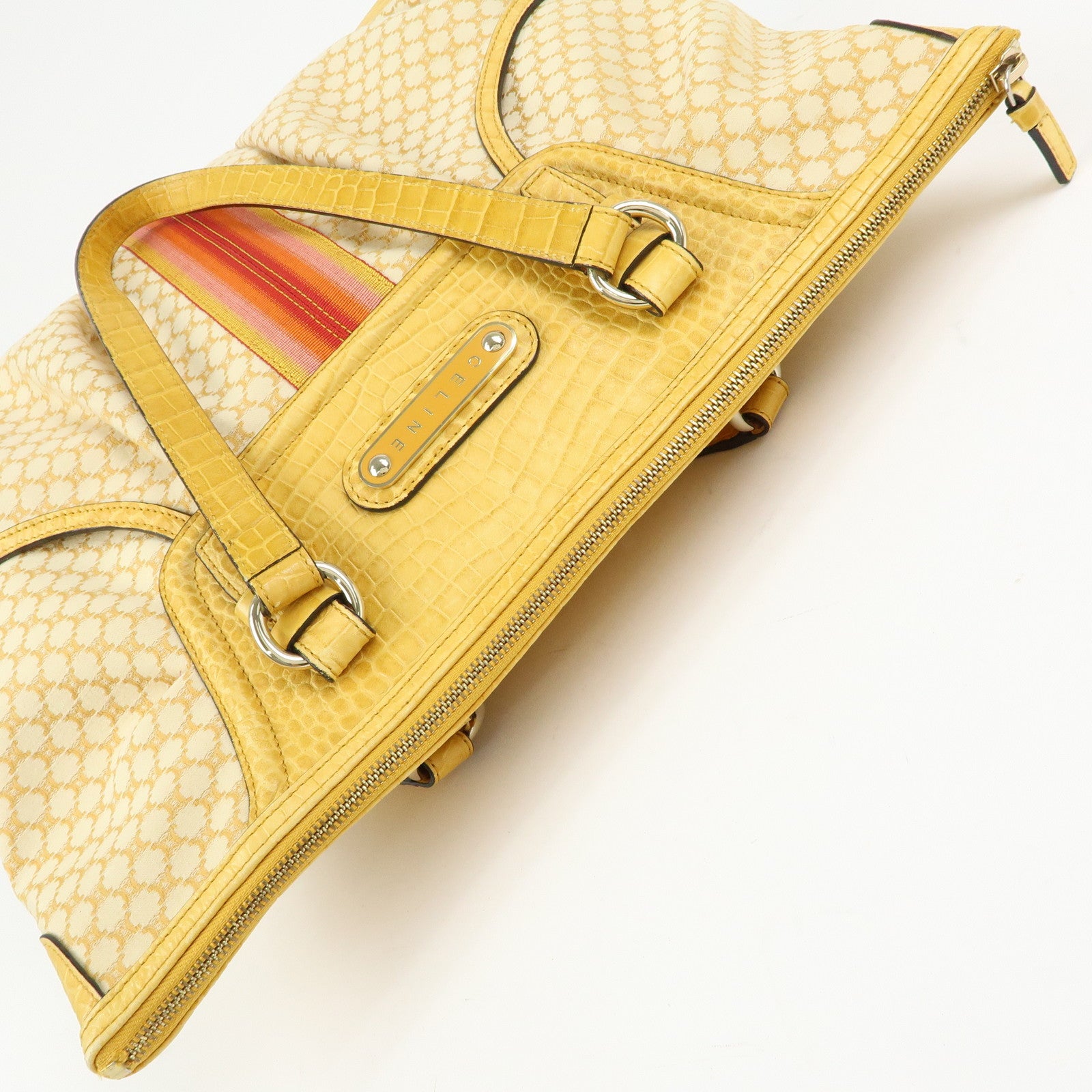 CELINE Macadam Canvas Leather Tote Bag Hand Bag Yellow Red Beige