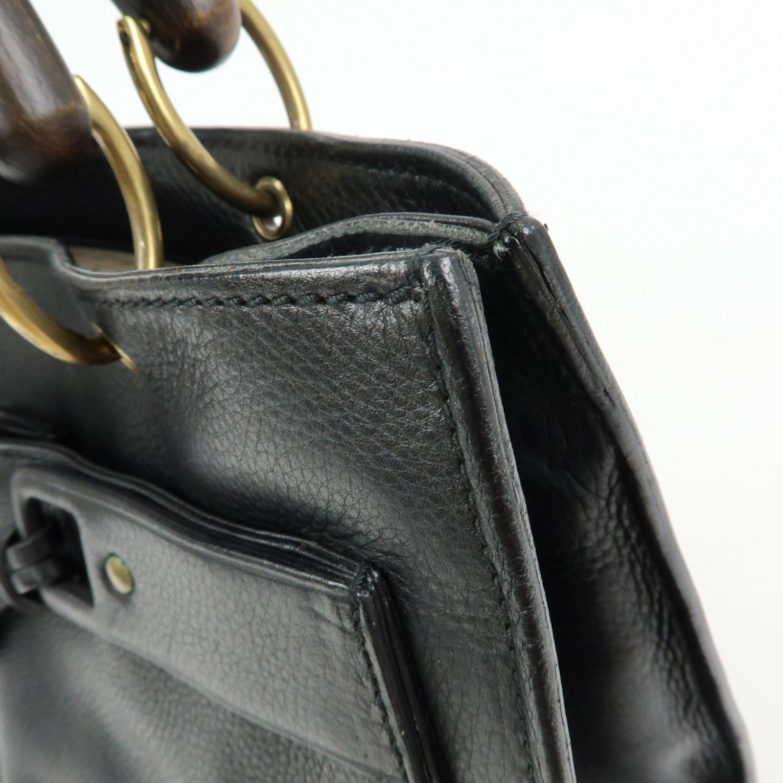 GUCCI Bamboo Leather Tote Bag Hand Bag Black 109138