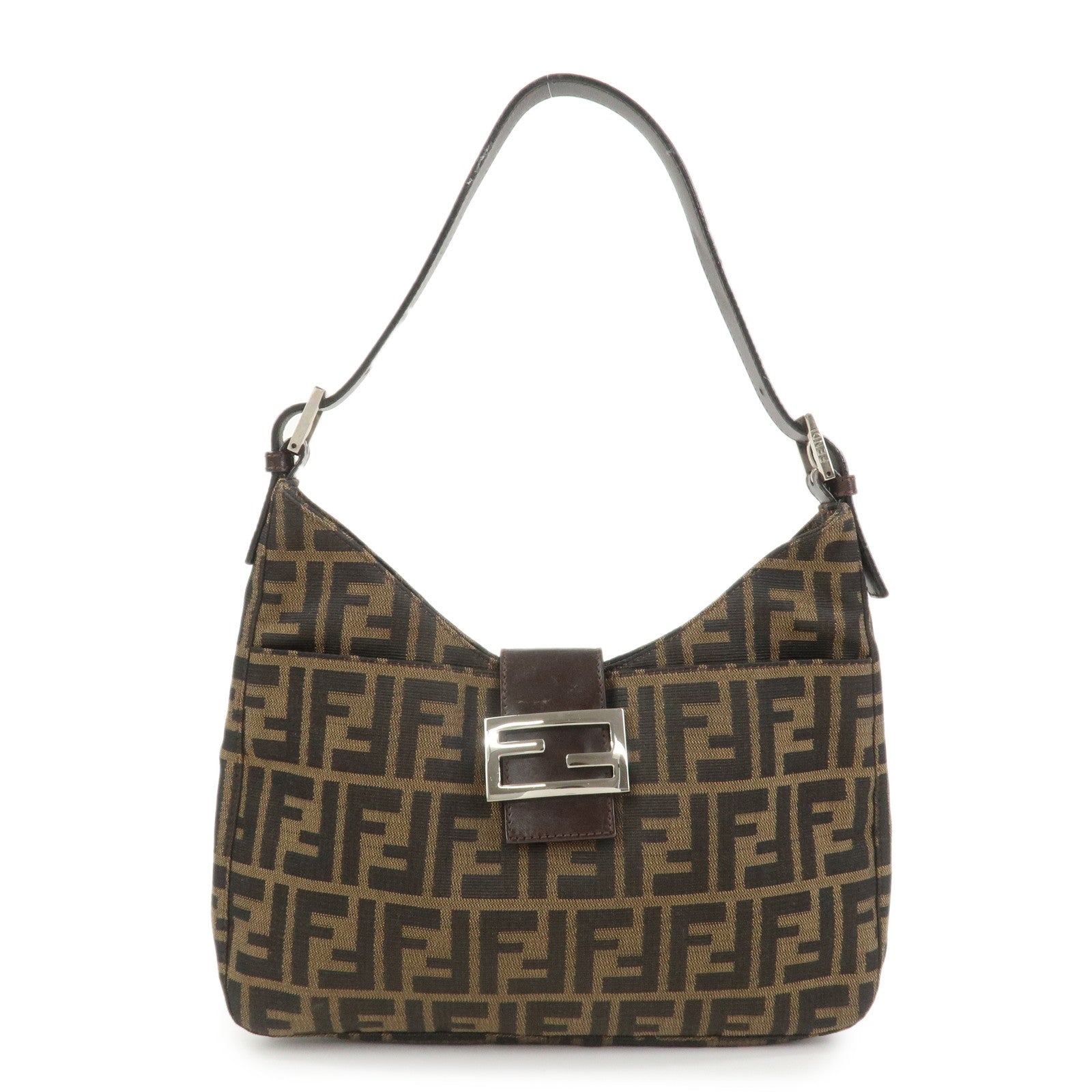 FENDI Zucca Canvas Leather Shoulder Bag Brown Black 26569