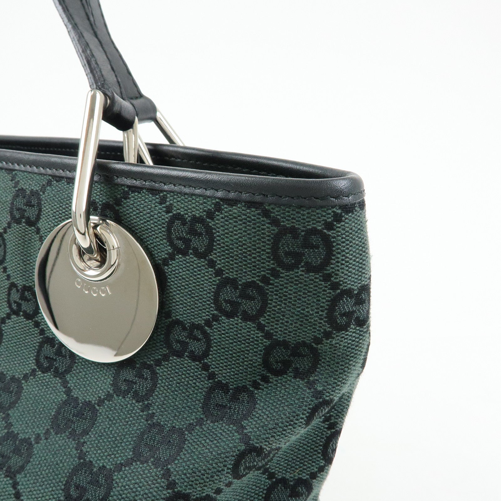 GUCCI GG Canvas Leather Tote Bag Hand Bag Green Black 285583