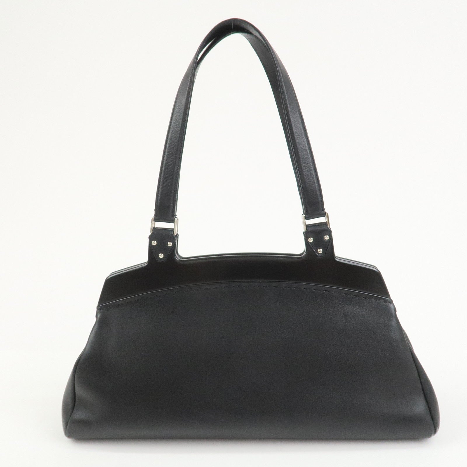 Ferragamo Gancini Leather Wood Shoulder Bag Hand Bag Black