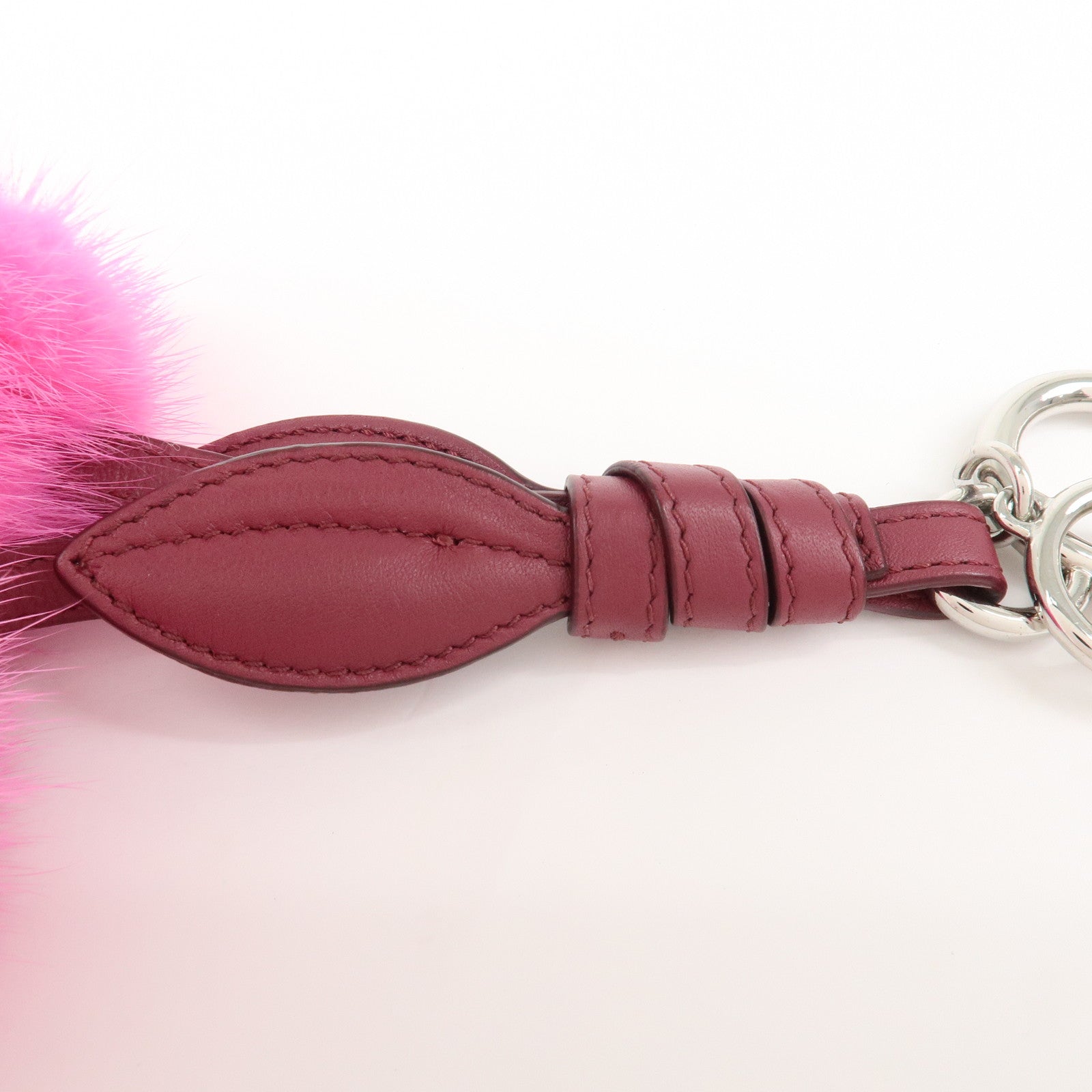 FENDI Logo Leather Fur Bag Charm Key Holder Pink 7AR642