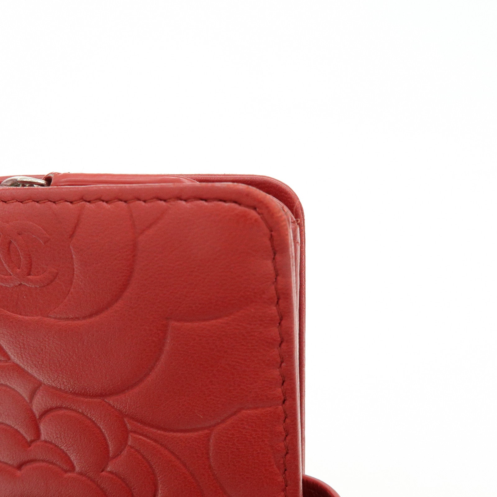 CHANEL Camellia COCO Mark Lamb Skin Bi-fold Compact Wallet Red