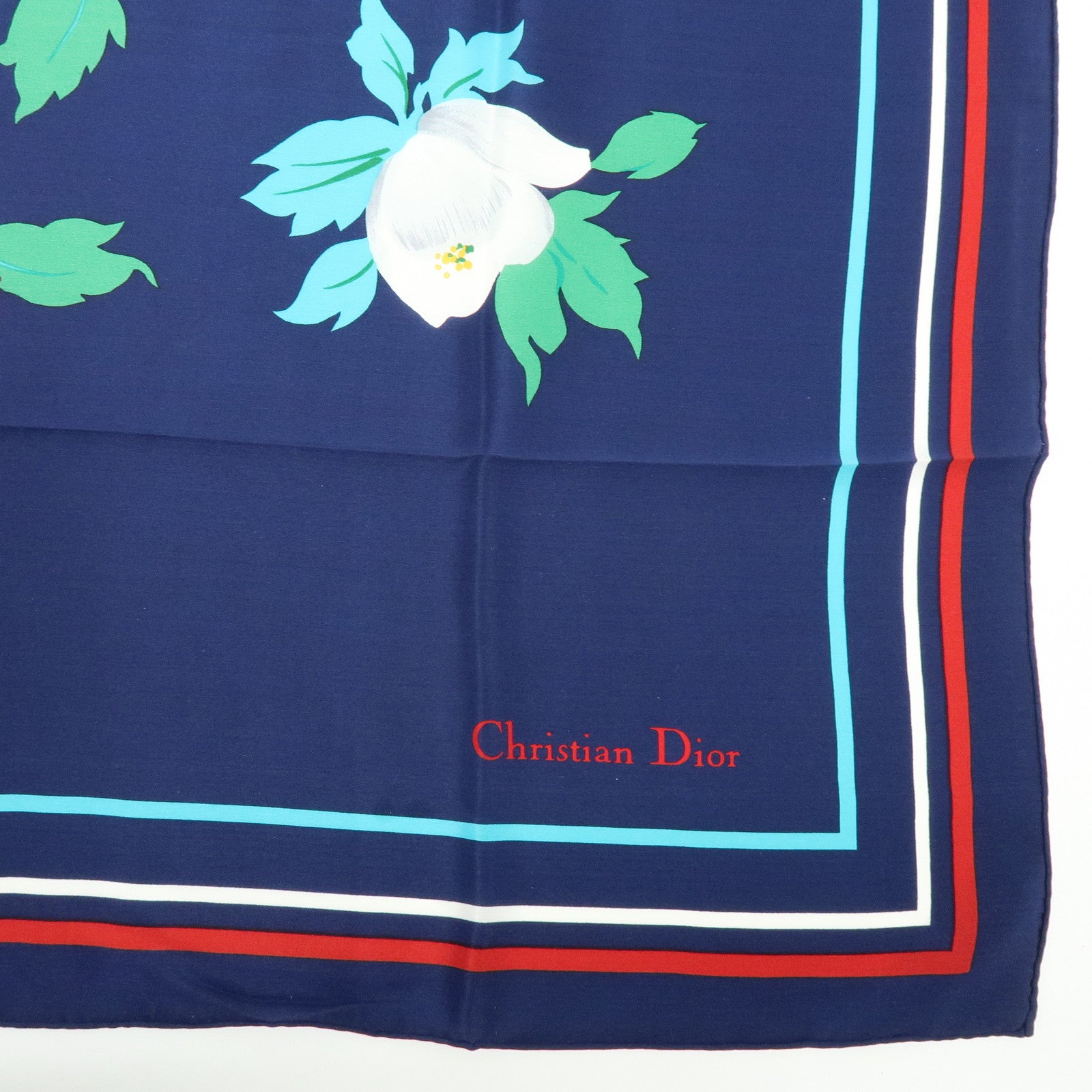 Christian Dior Silk 100% Scarf Flower Motif Navy Multicolor