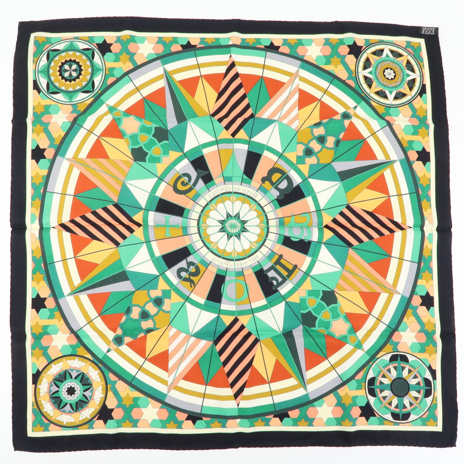 HERMES Carre 70 Silk 100% Scarf ROSE DE COMPAS Black Green