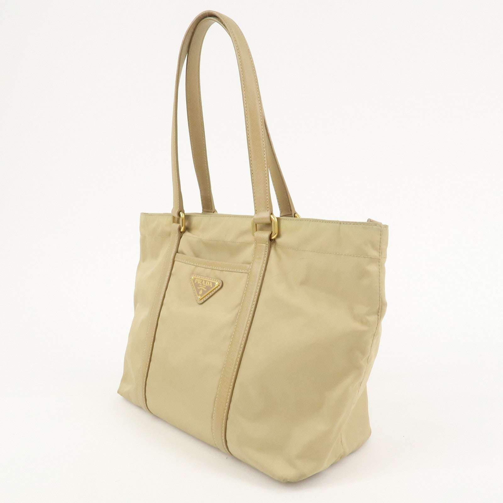 PRADA Triangle Logo Nylon Saffiano Leather Tote Bag Beige BR2311