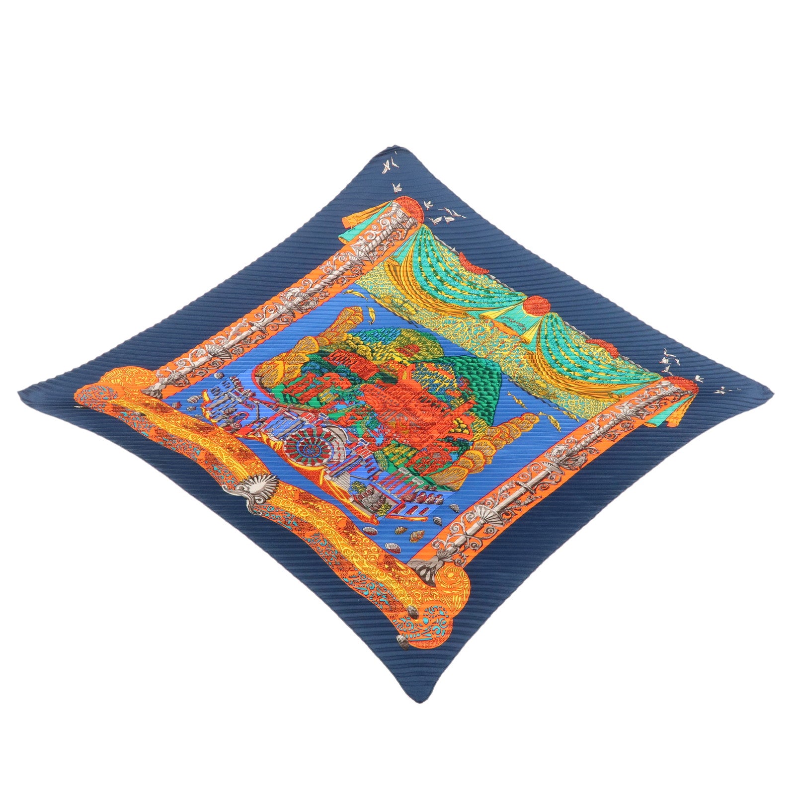 HERMES Silk 100% Pleats Carre Scarf L'ATLANTiDE Navy Red Used