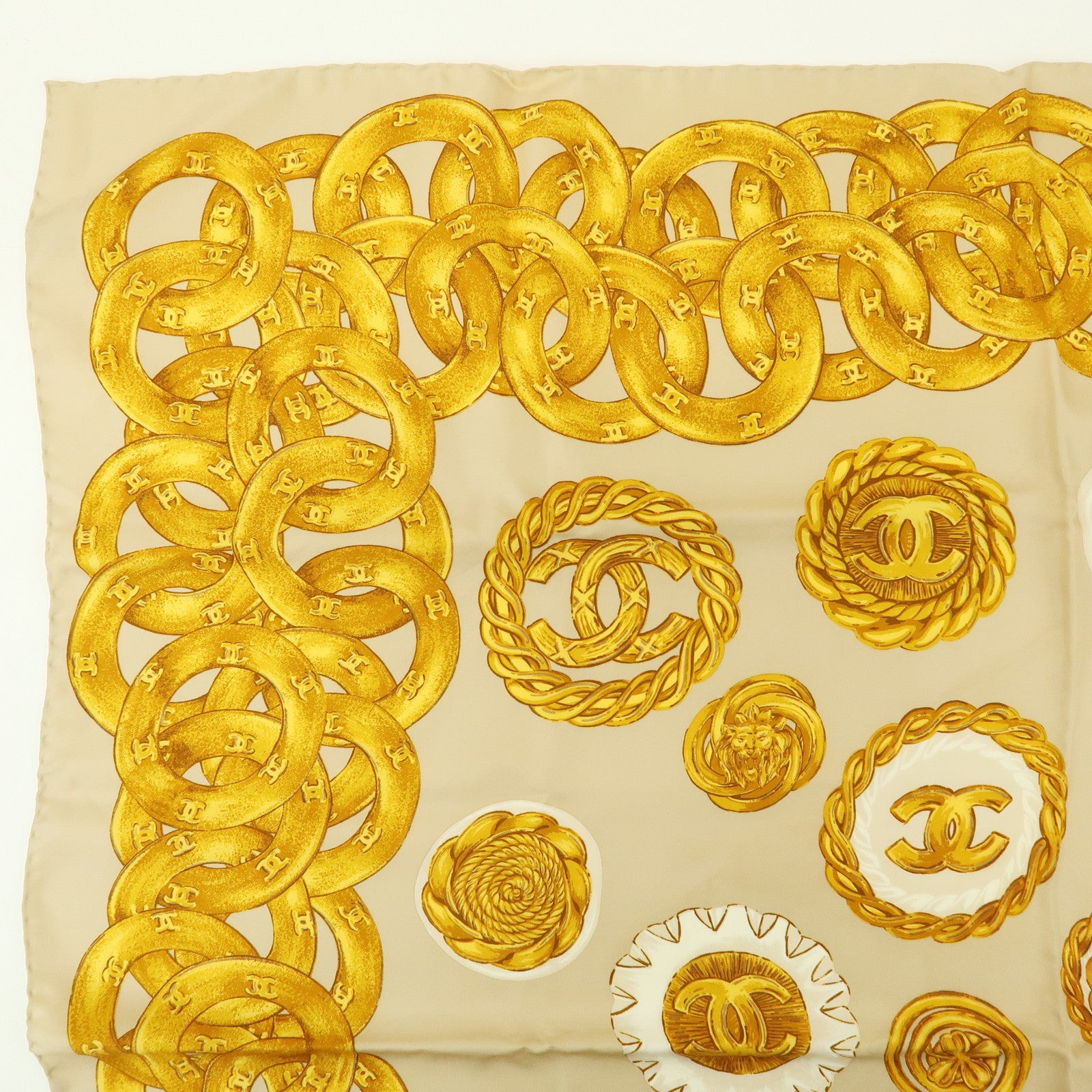 CHANEL COCO Mark Silk 100% Scarf Chain Pattern Yellow Beige