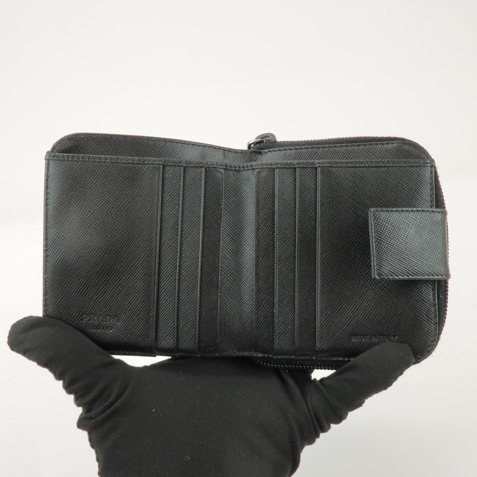 PRADA Logo Leather Round Zippy Bi-fold Wallet Black 1ML522