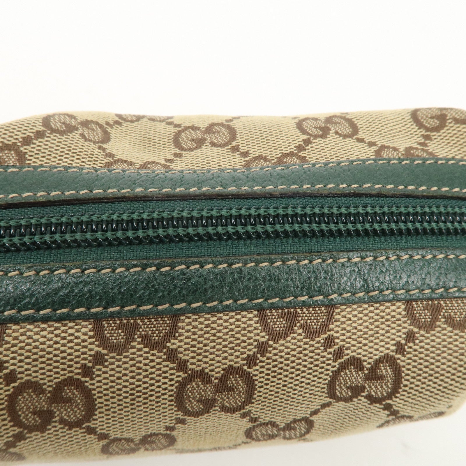 GUCCI GG Canvas Leather Cosmetic Pouch Beige Green 29596